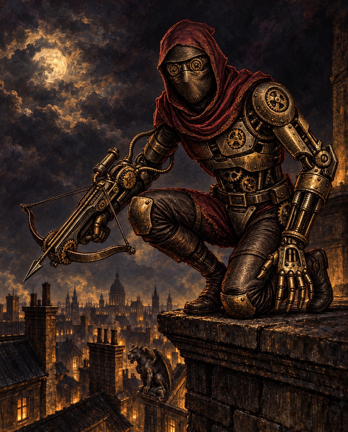 Painted illustration of a hooded clockwork assassin with mechanical goggles, exposed brass gears and a crossbow, crouching on a rooftop