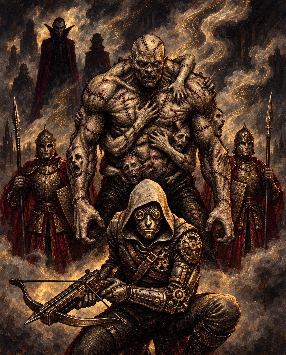 Painted bestiary composition with a clockwork crossbow assassin, a towering stitched Necrotic Bulk, two armored guards and shadowed vampires