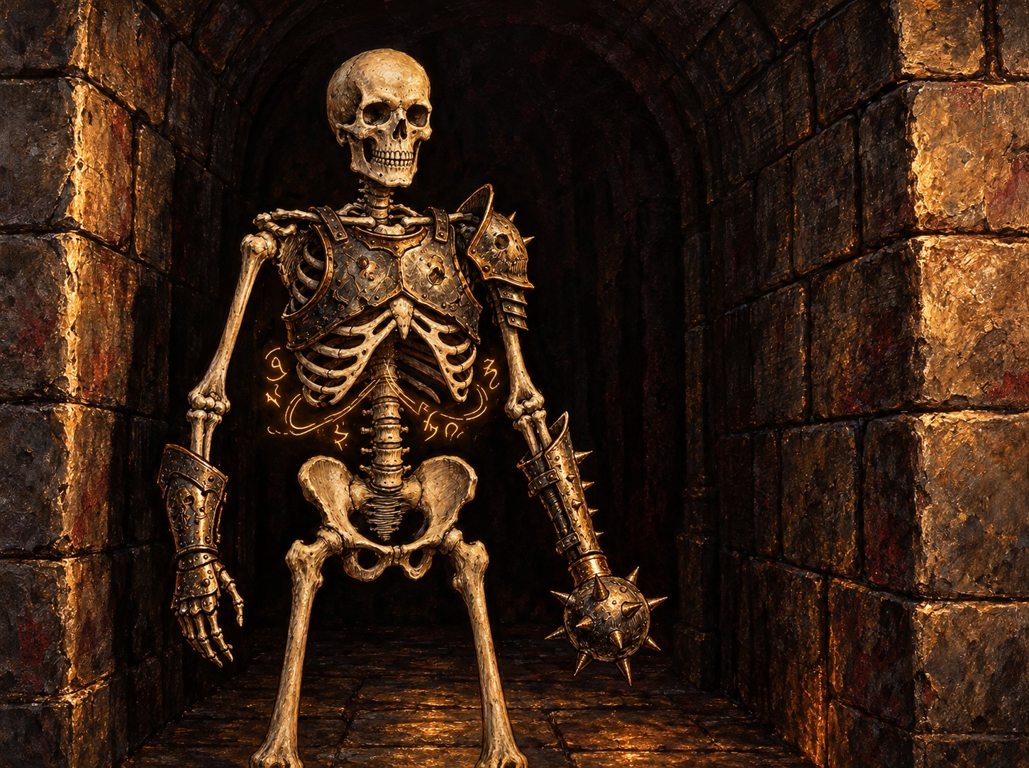 Painted illustration of a skeleton in partial armor standing in a stone doorway with a spiked mace and glowing runes