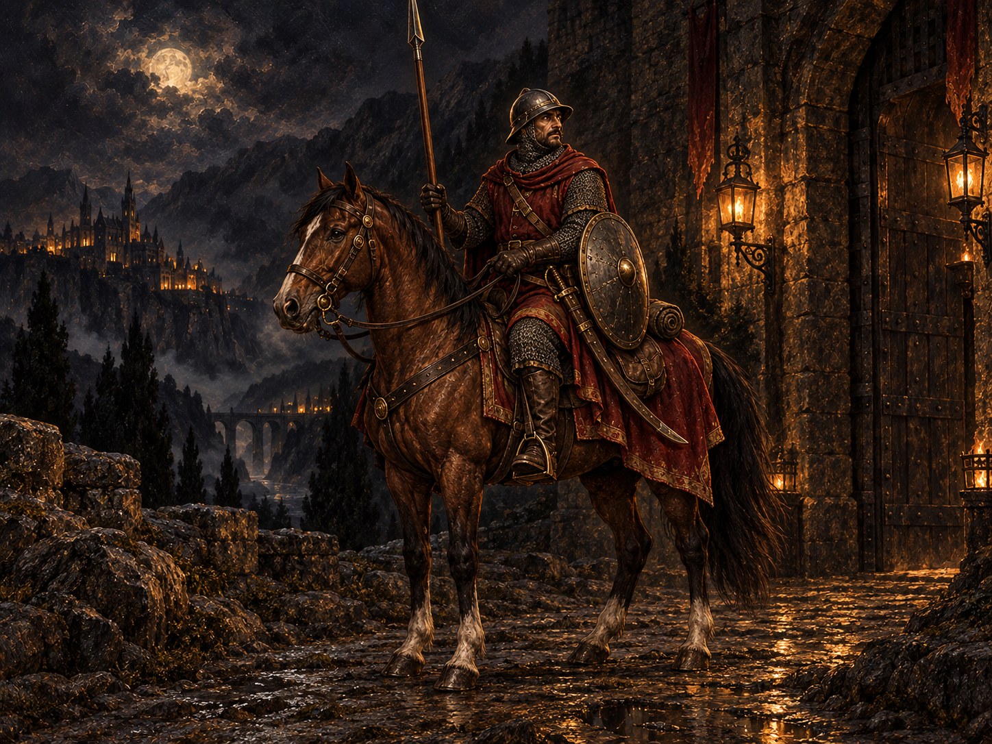 A painted mounted cavalry soldier with chain mail, shield, lance and sheathed saber on a mountain road outside a stone gate.