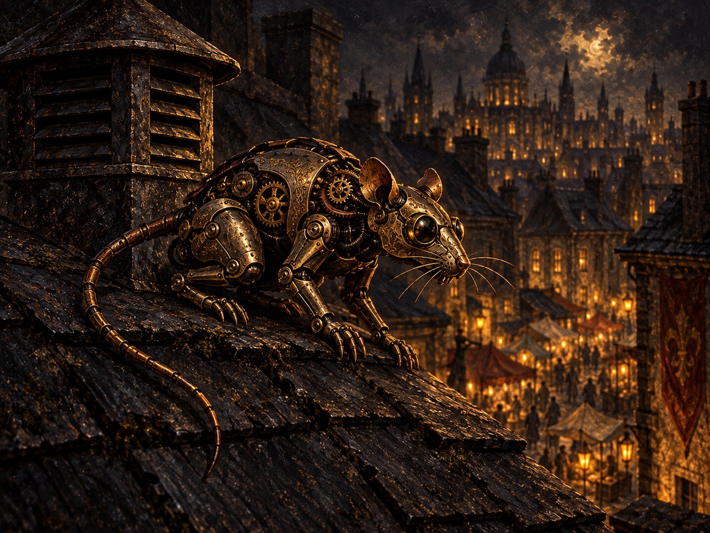 A painted rat-shaped brass clockwork scout with glass lens eyes and articulated paws beside a slate rooftop vent.