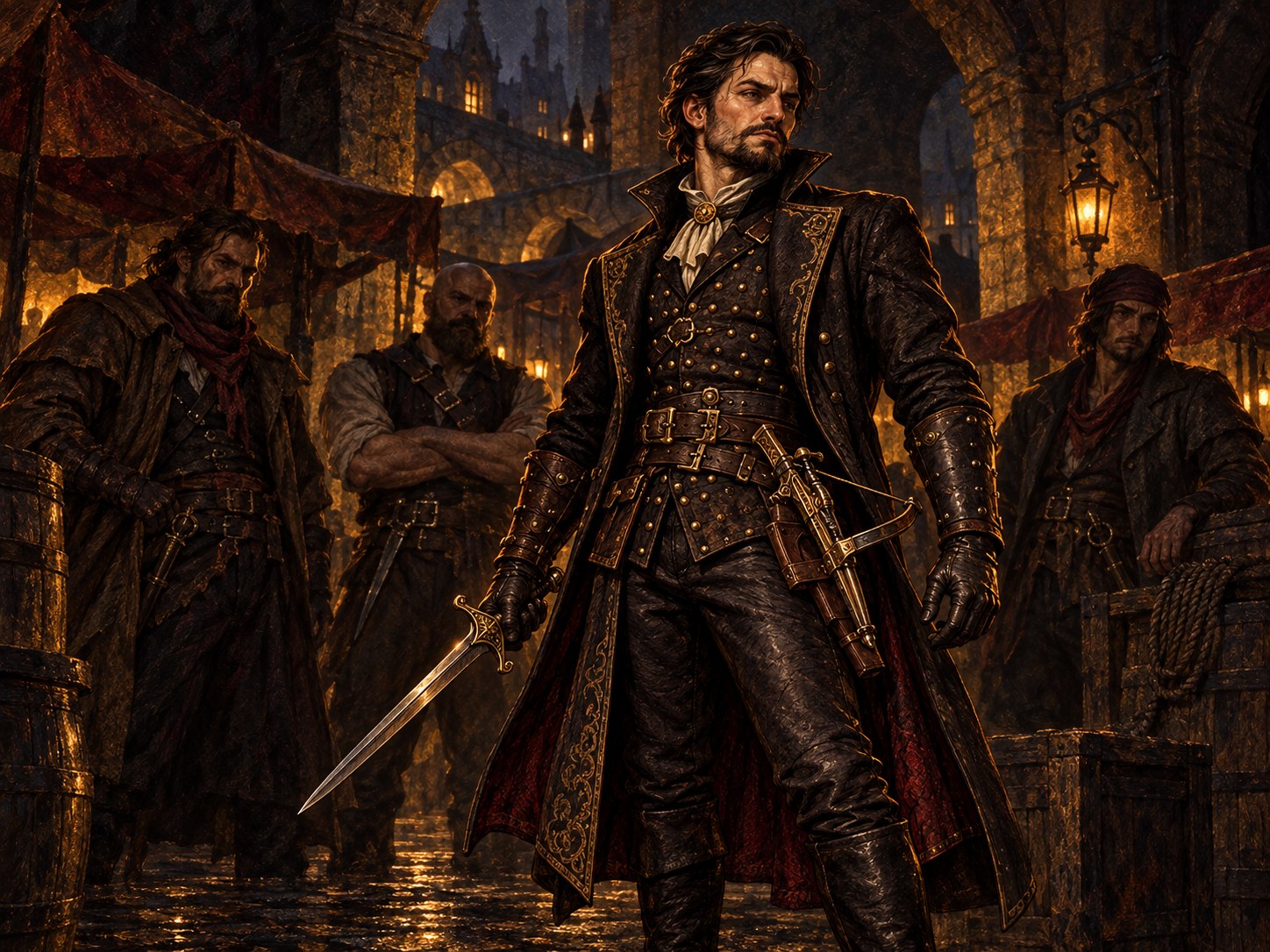 A painted human gangster lieutenant in studded leather and a dark coat, carrying a short sword and hand crossbow with three ruffians behind him.