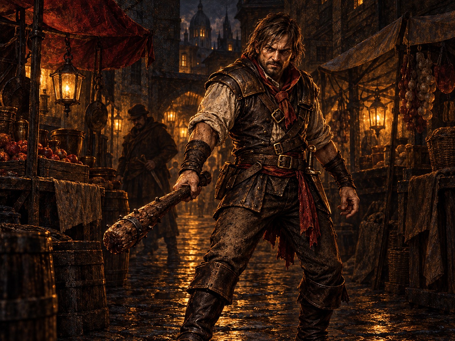 A painted human market ruffian in worn leather armor carrying a club, with a dagger at his belt in a dim market alley.