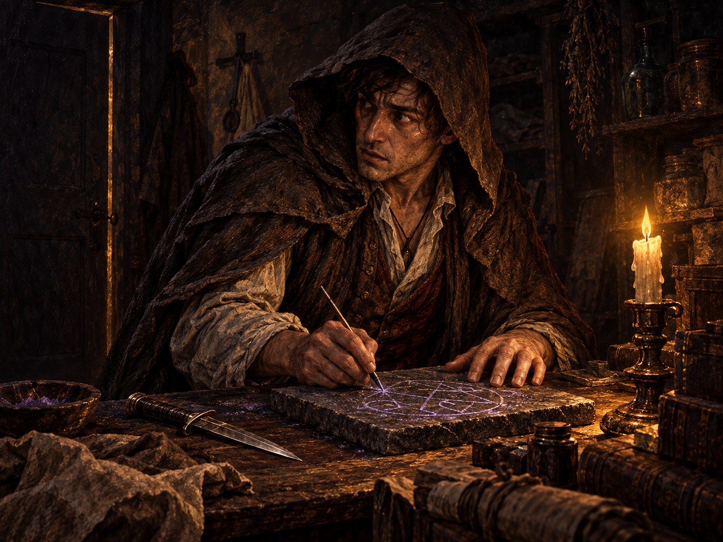 A painted living human cult acolyte in ordinary worn clothes, inscribing preservation runes beside a ritual dagger in a dim back room.