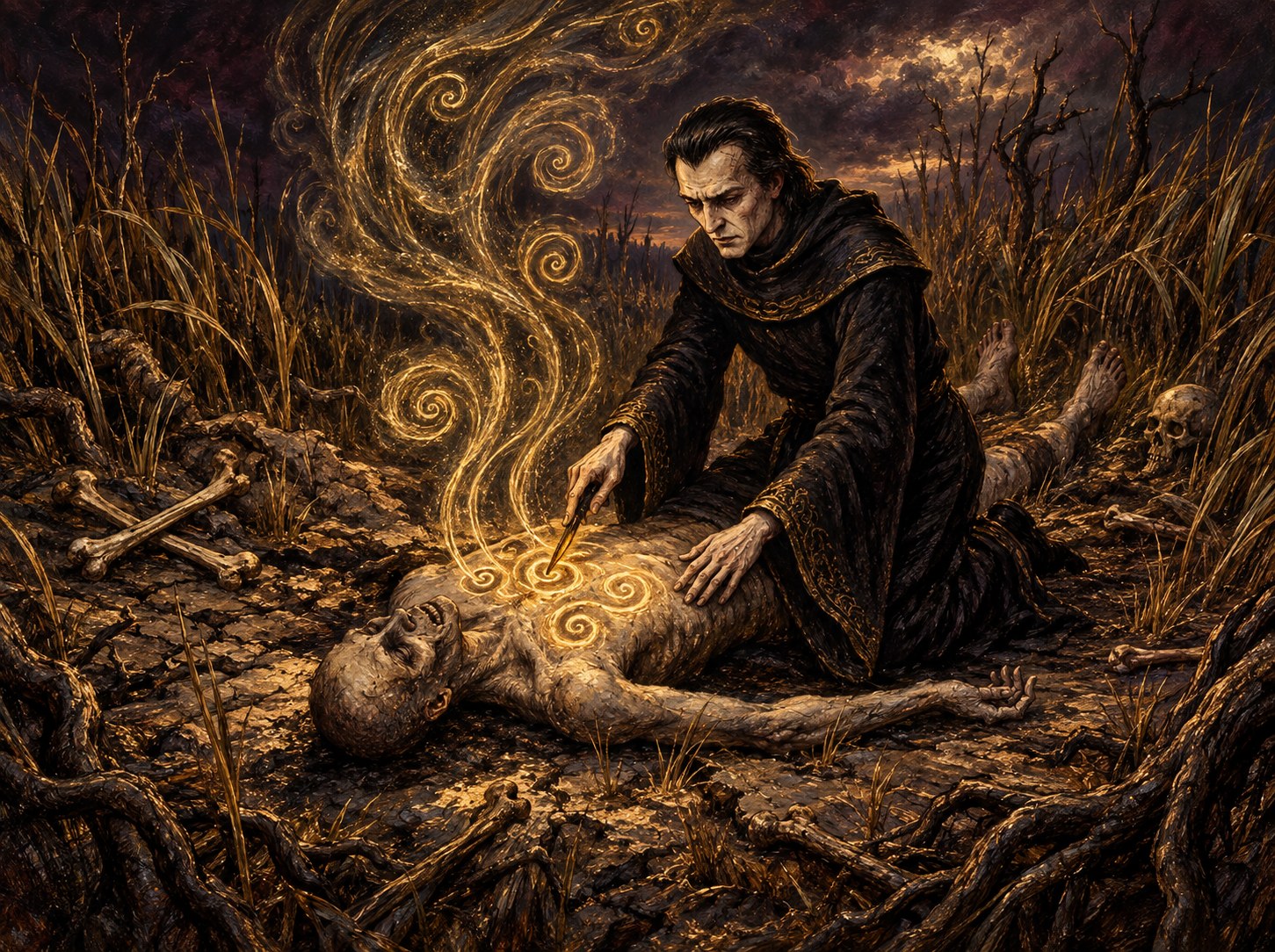Painted illustration of a dark-robed necromancer tracing swirling magic over a corpse among dry grass and scattered bones