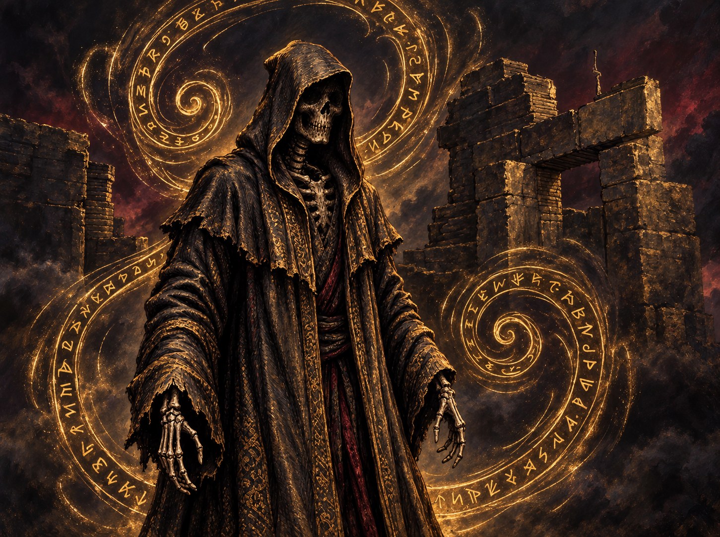 Painted illustration of a skeletal hooded cultist in tattered robes, surrounded by spiraling runes and ruined masonry