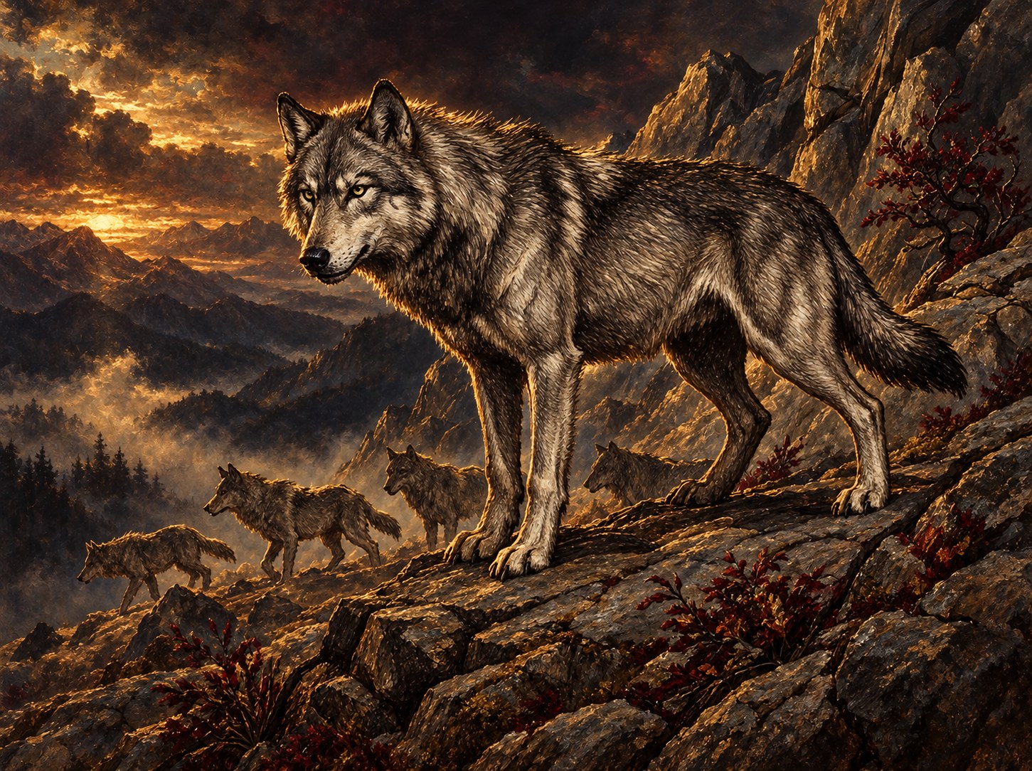 Painted illustration of a gray mountain wolf standing on a rocky slope with four wolves behind it