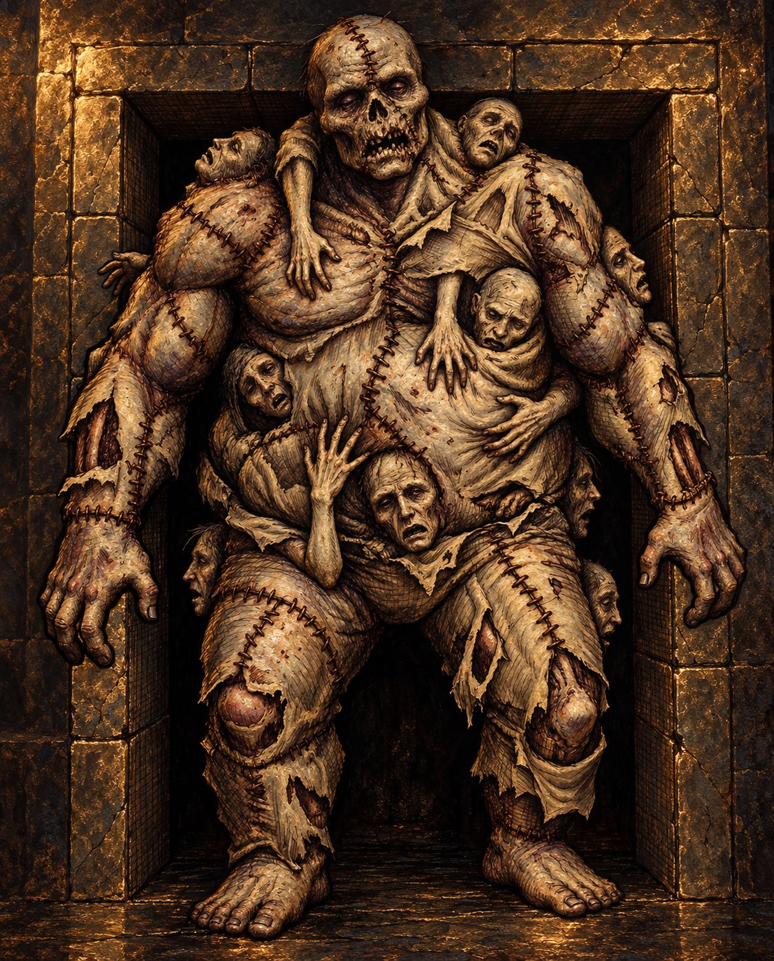 Painted illustration of the Necrotic Bulk, a huge stitched creature of fused bodies filling a stone doorway