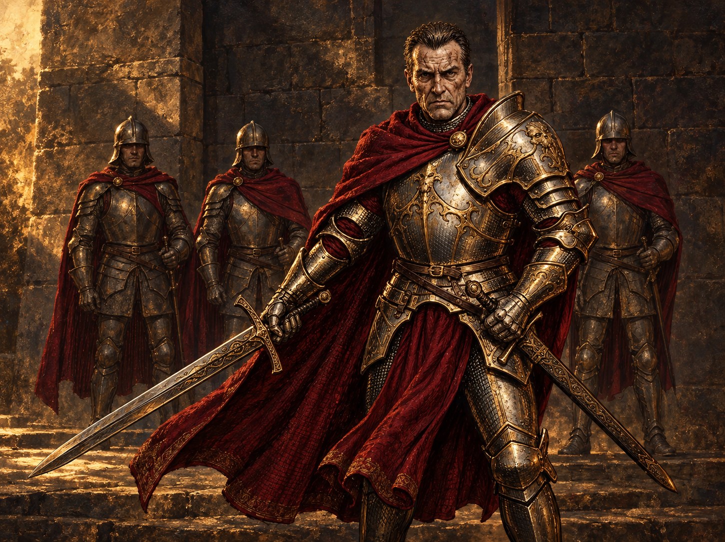 Painted illustration of a stern Red Guard captain in engraved plate armor and a crimson cloak, with three soldiers behind him