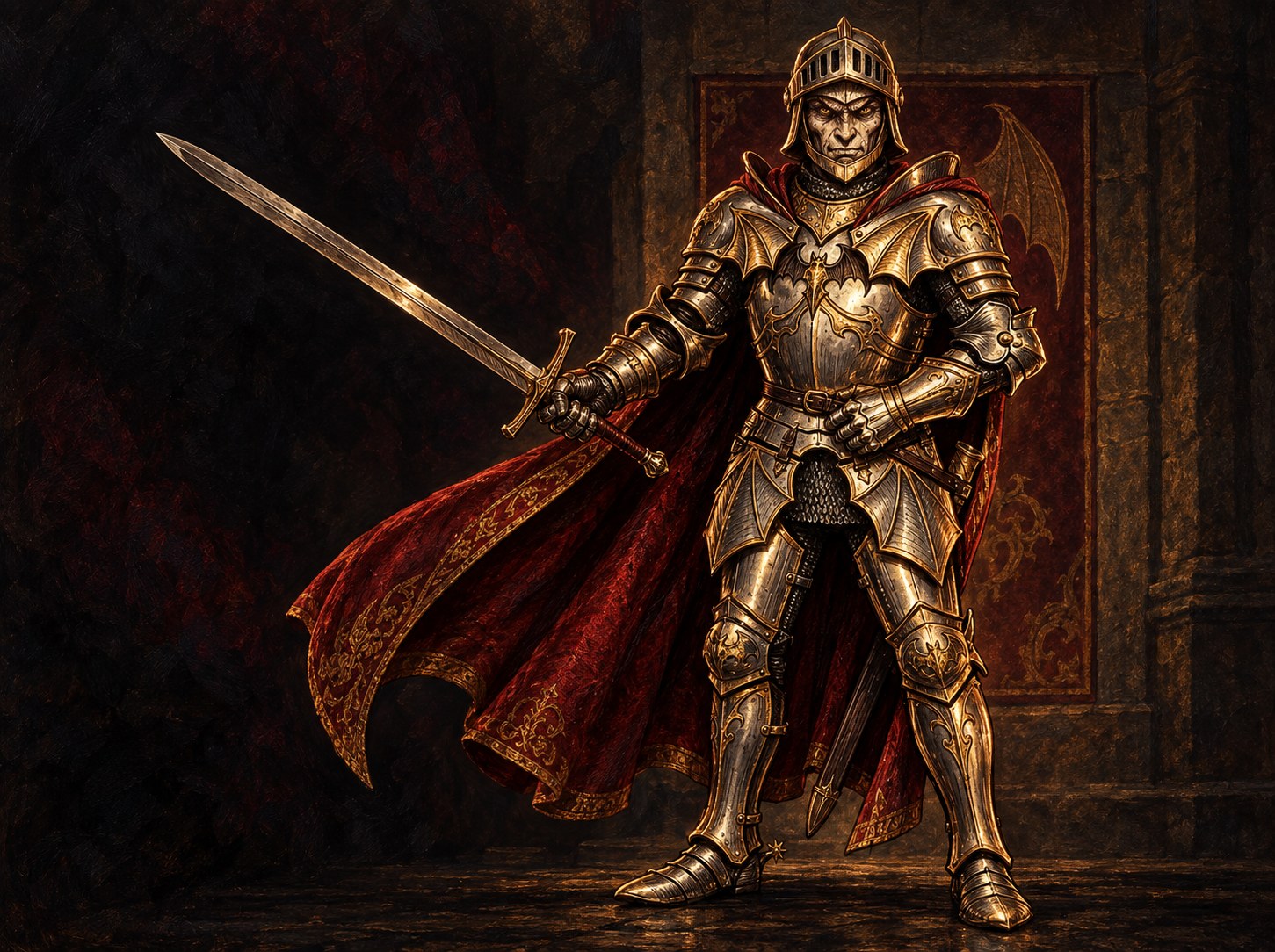 Painted illustration of a Red Guard soldier in bat-emblazoned armor and a crimson cape, holding a drawn sword