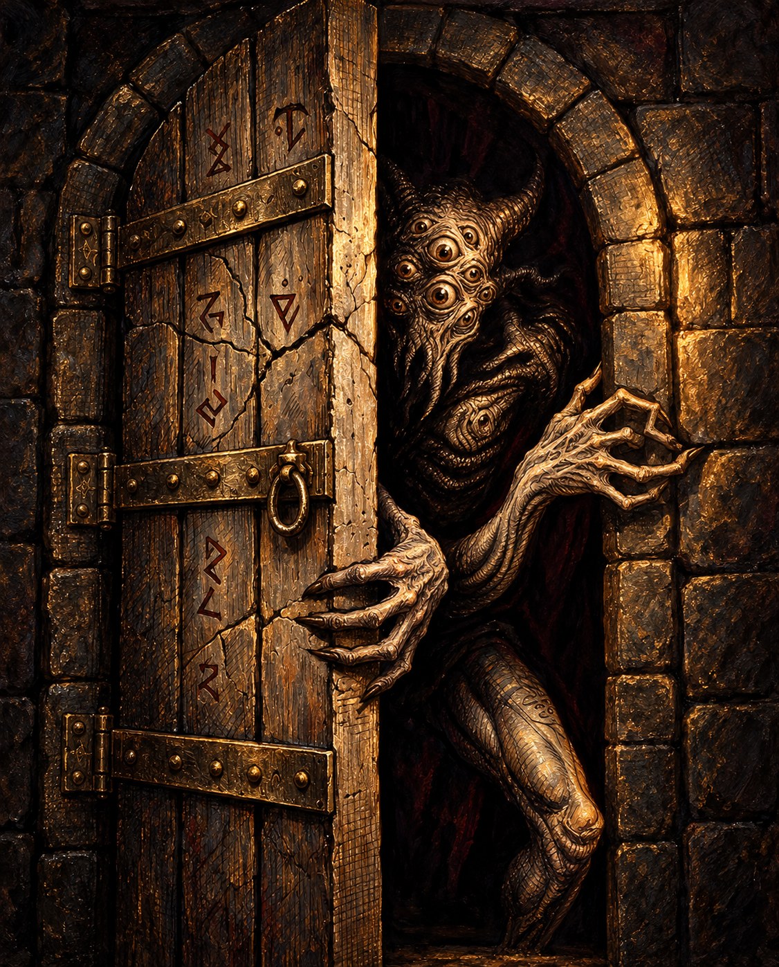 Painted illustration of the Ancient, a horned many-eyed creature with clawed hands emerging through a rune-inscribed stone doorway
