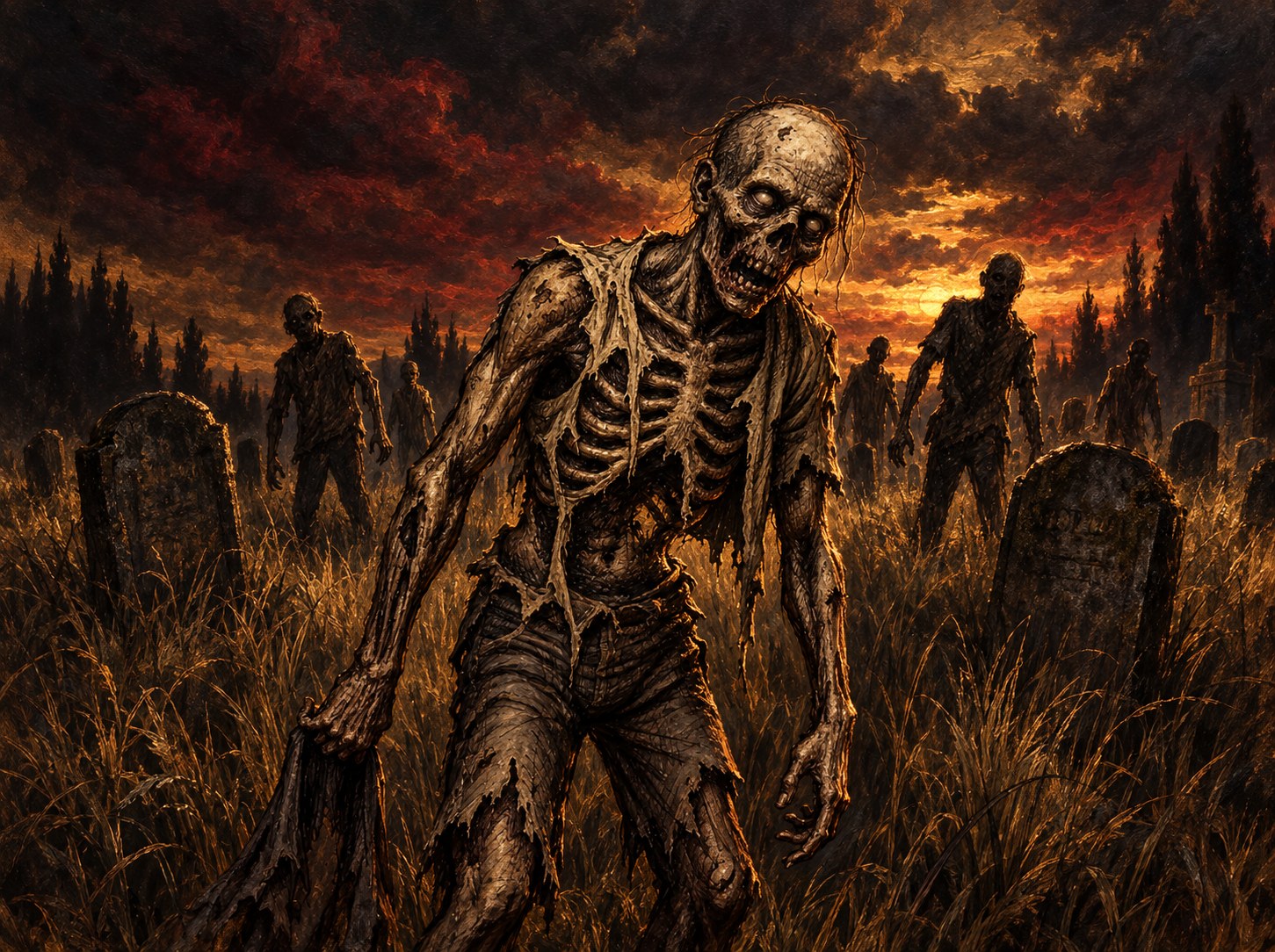 Painted illustration of a skeletal shambler in torn clothing with other undead among gravestones