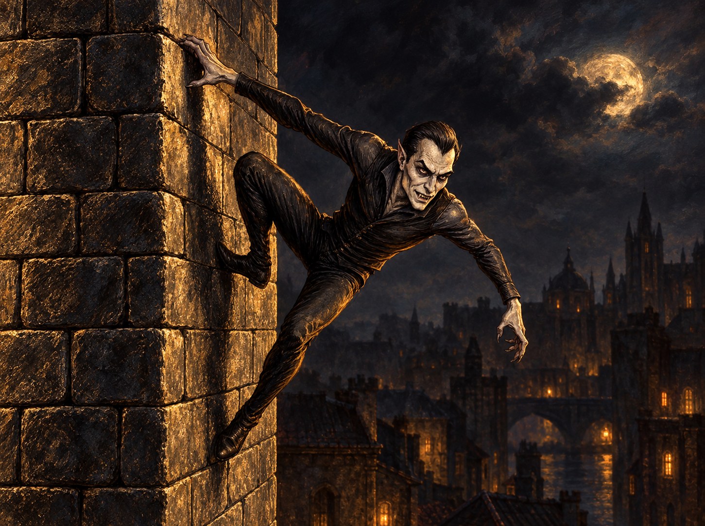 Painted illustration of a fanged vampire spawn clinging to a stone wall in a dark fitted outfit