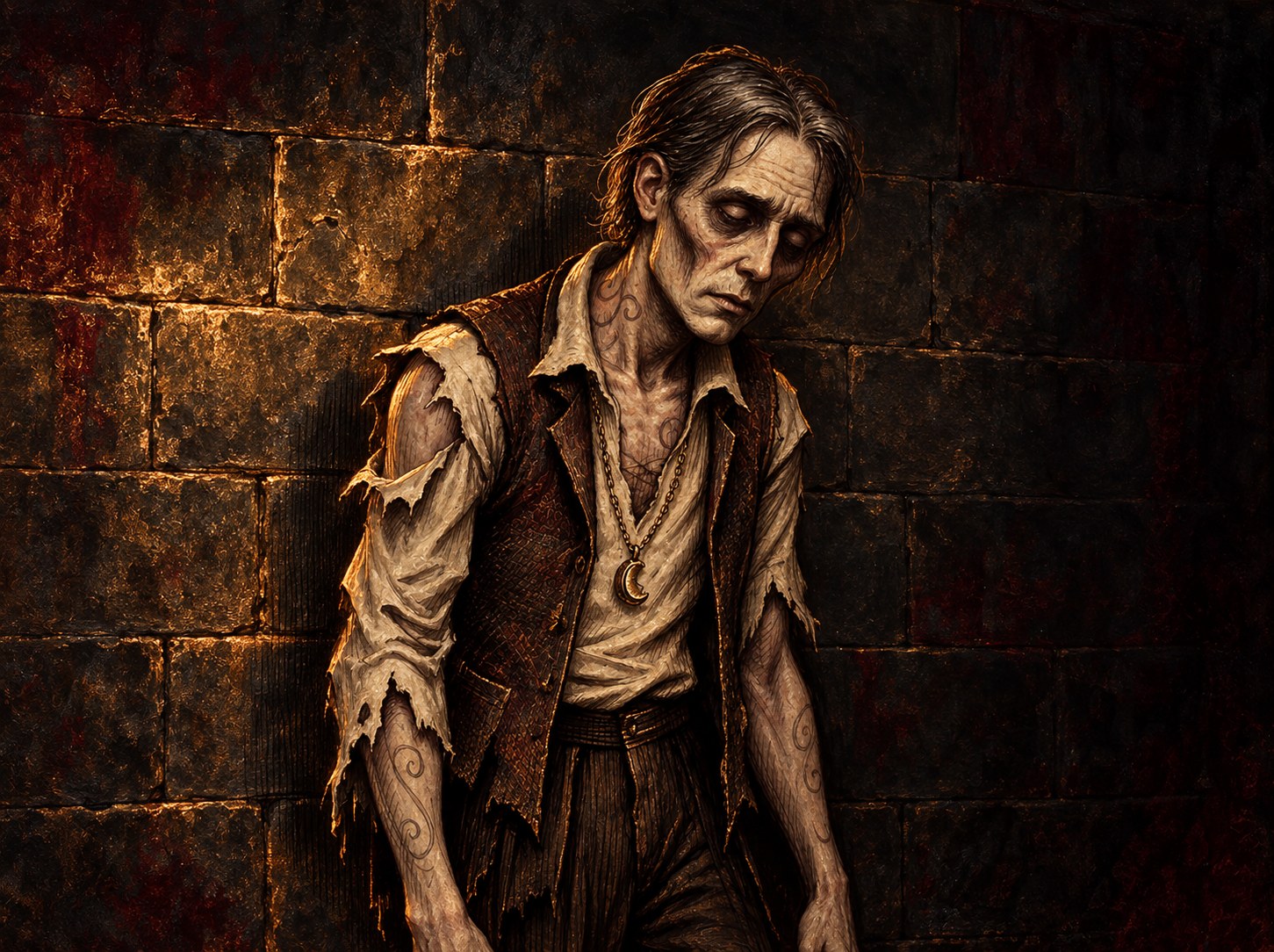 Painted portrait of an exhausted vampire thrall with blank eyes, swirling skin markings, torn clothes and a crescent pendant
