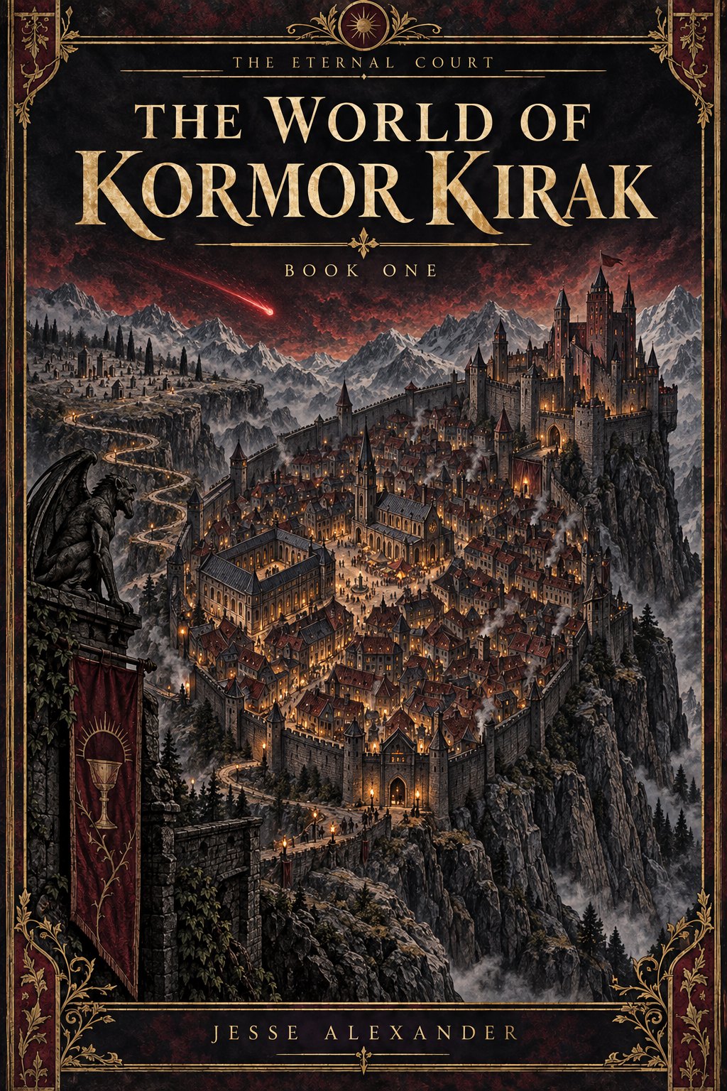 Illustrated The World of Kormor Kirak cover in crimson and antique gold: Map-grounded walled mountain city, central market, castle upper right on wall, Southern Gate foreground, cemetery and switchbacks outside left.