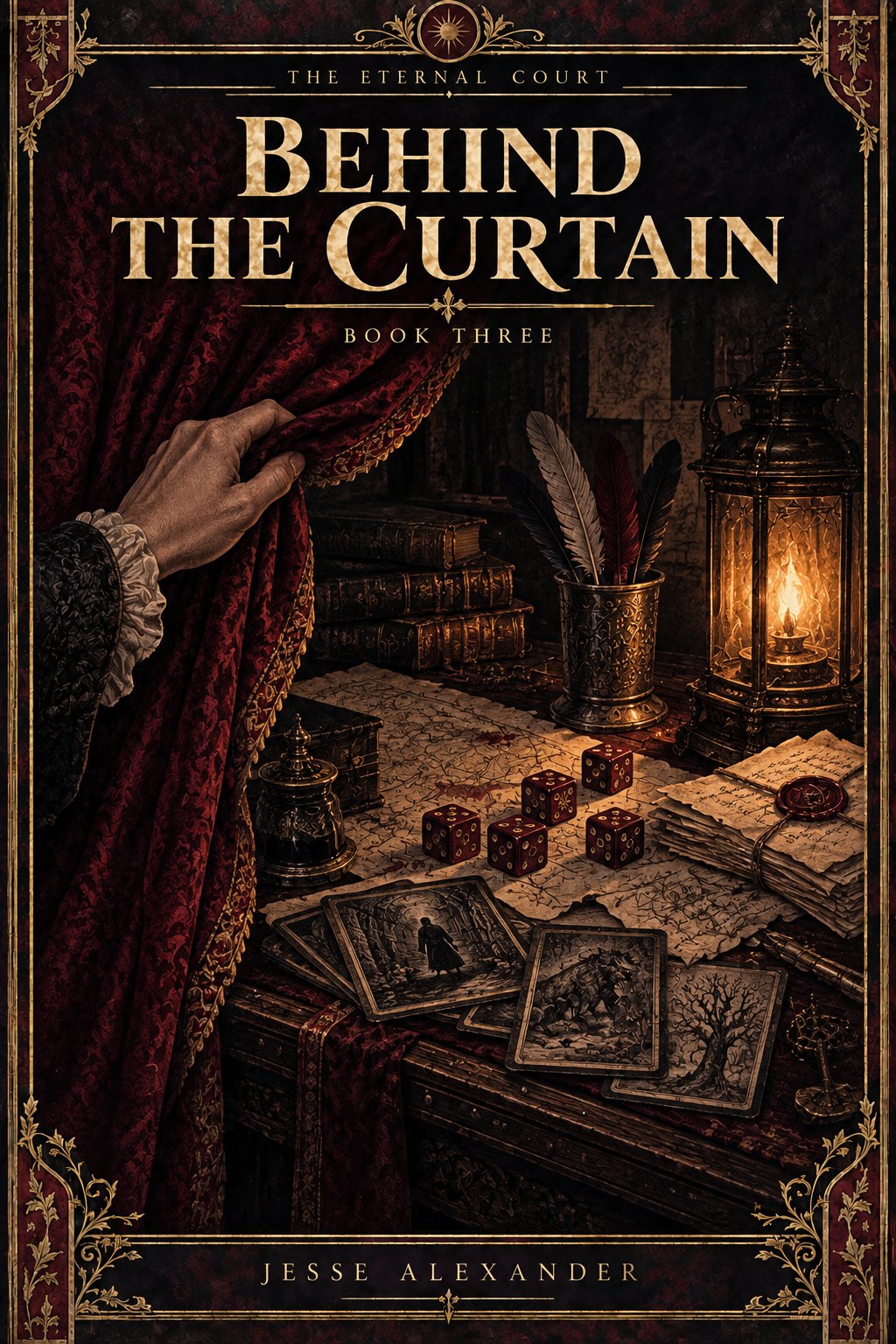 Illustrated BEHIND THE CURTAIN cover in crimson and antique gold: A hand draws back crimson velvet to reveal a game master's table with six-sided dice, rumor notes, encounter cards and a dim lantern.