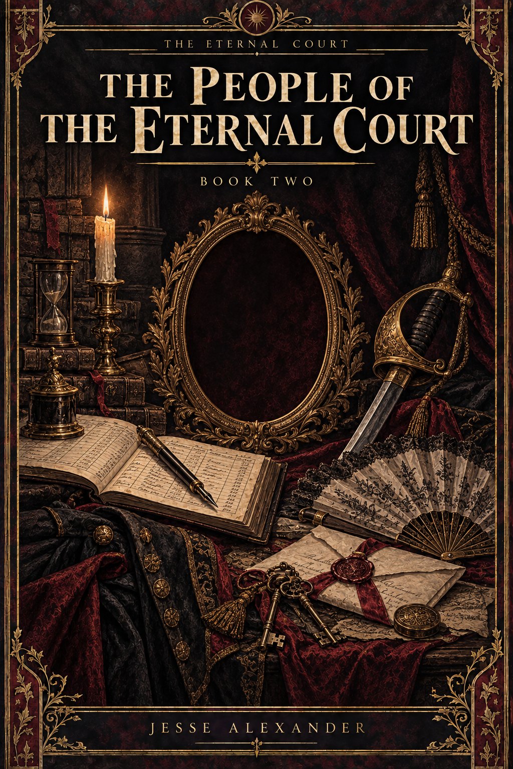 Illustrated THE PEOPLE OF THE ETERNAL COURT cover in crimson and antique gold: A symbolic still life of interlocking personal objects: accountant's ledger and pen, cavalry sabre, folded court fan, wax-sealed diplomatic letter and keys, arranged around an empty ornate oval portrait frame.