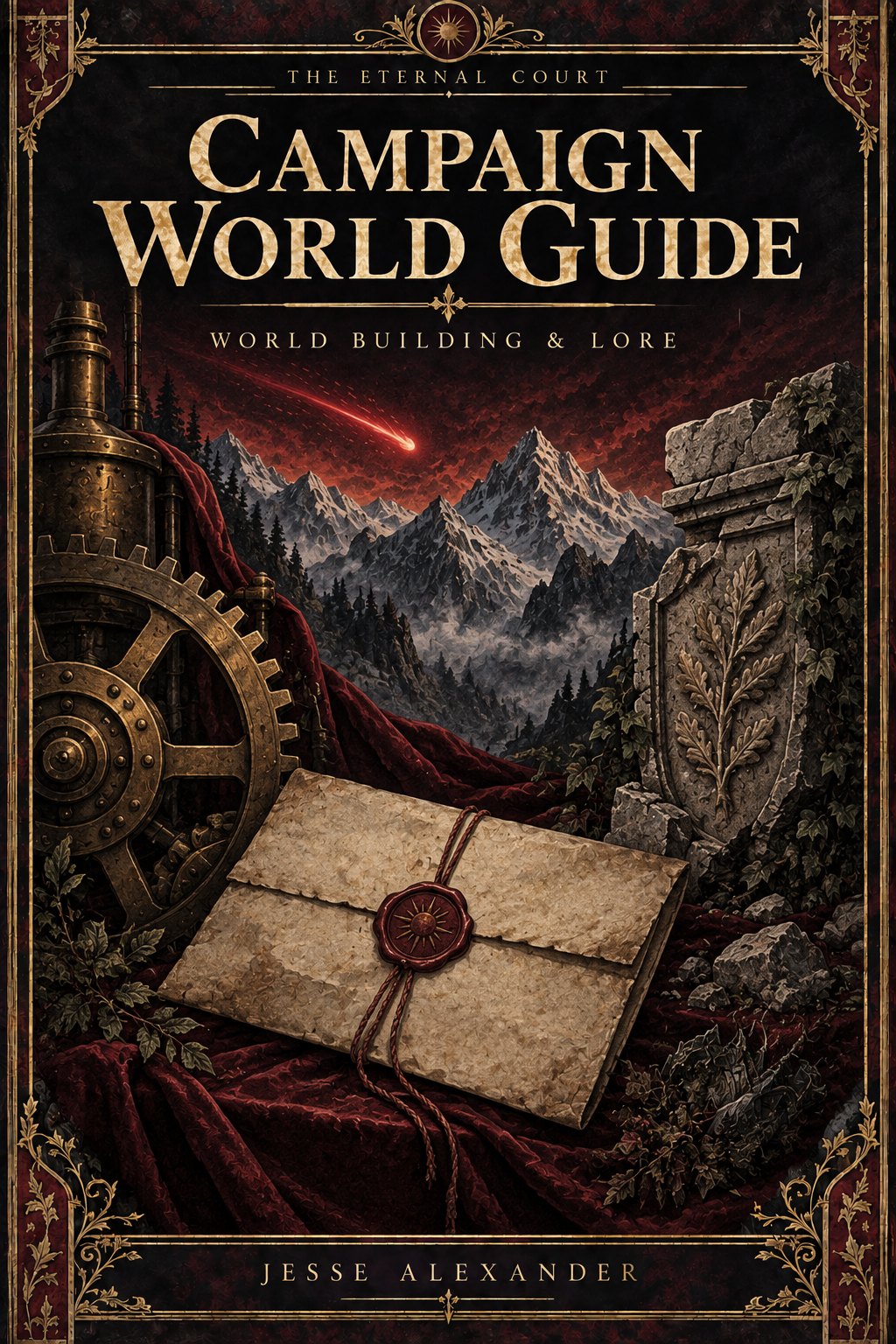 Illustrated CAMPAIGN WORLD GUIDE cover in crimson and antique gold: A folded anonymous parchment between an industrial brass gear on the left and an ancient carved stone fragment on the right, a small craggy mountain relief centered behind, crimson comet high above.