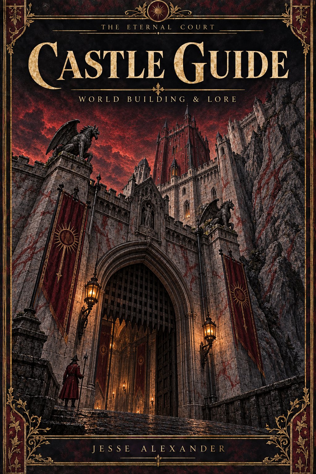 Illustrated CASTLE GUIDE cover in crimson and antique gold: Close low-angle view of the Blood Gate of Torony Piros: imposing Gothic gatehouse in pale grey stone streaked with red mineral veins, red central tower glimpsed behind, sheer rocky cliff immediately beside its outer wall, crimson-coated sentry tiny for scale.