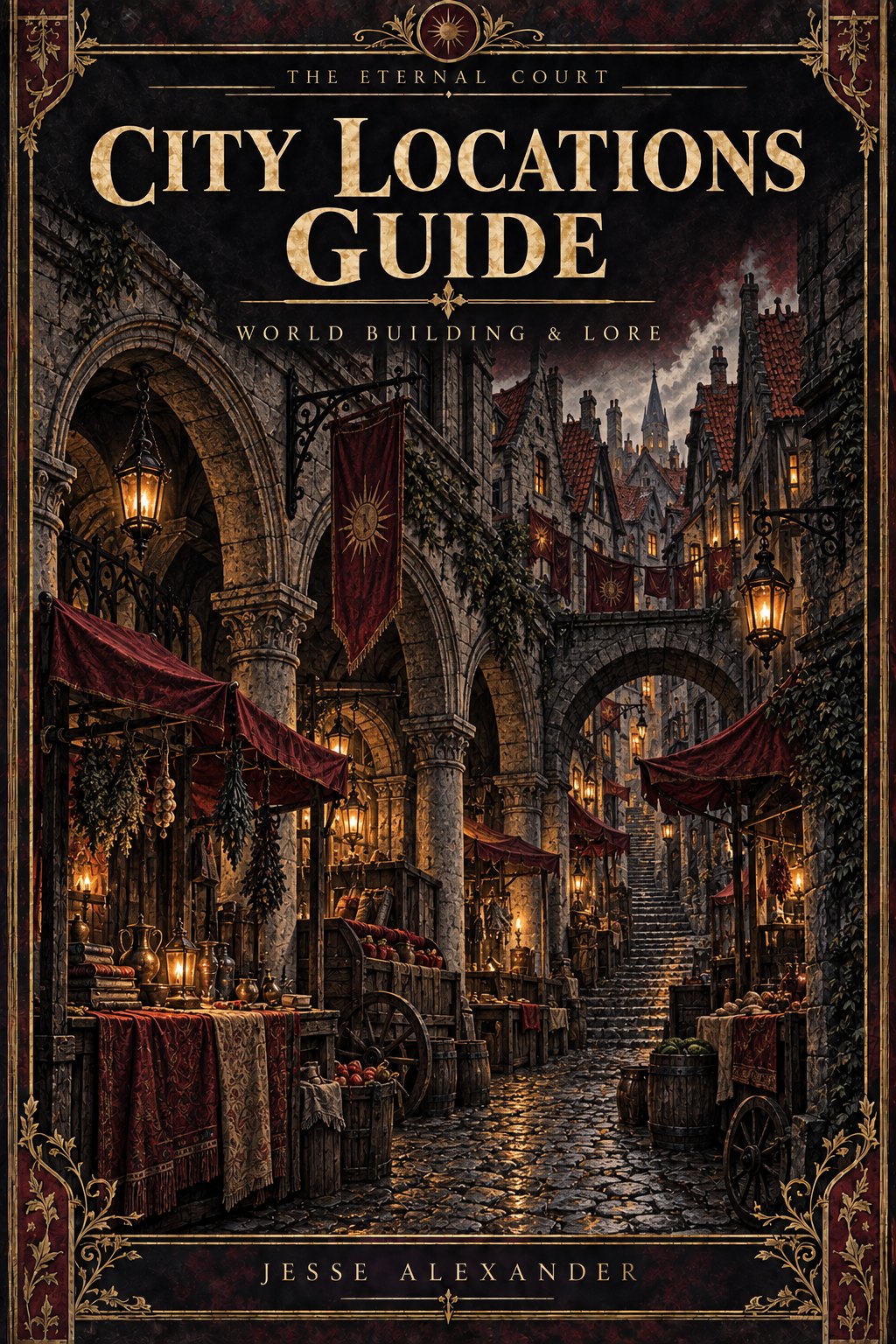 Illustrated CITY LOCATIONS GUIDE cover in crimson and antique gold: Eye-level Kereskedo Marketplace vignette: ancient stone arcade with arched entrances, narrow ascending cobbled lane beyond and dense red-tiled peaked roofs.