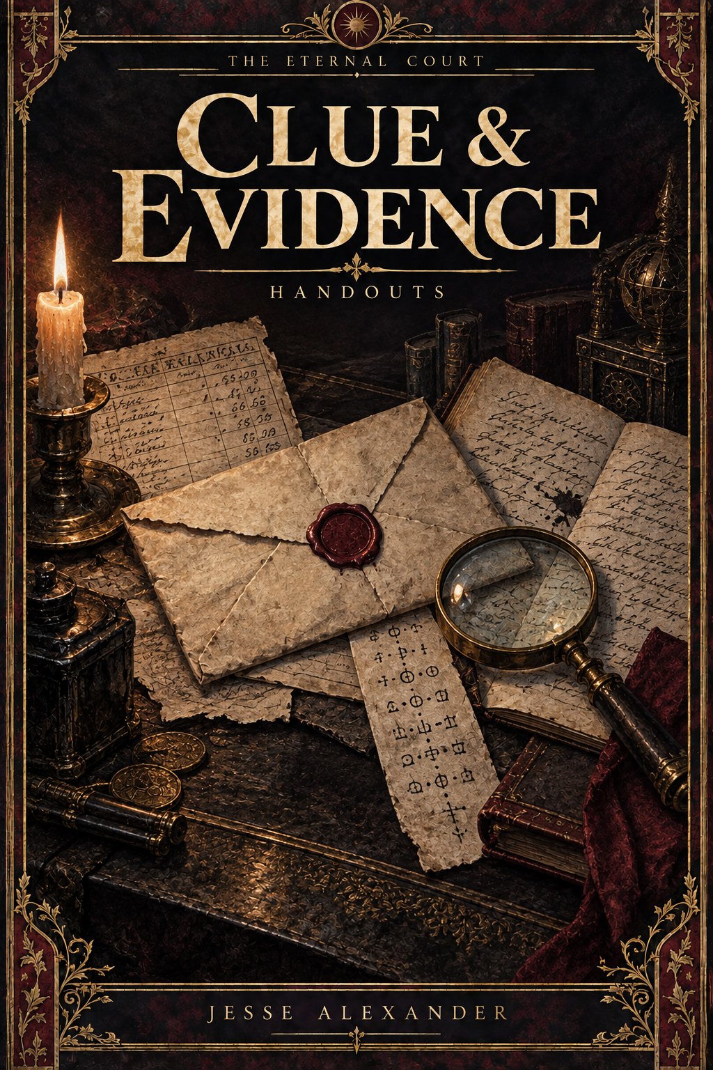 Illustrated CLUE & EVIDENCE cover in crimson and antique gold: A collection of period paper evidence: folded letter sealed with plain crimson wax, merchant receipt, cipher paper strip and journal page, on a dark desk.