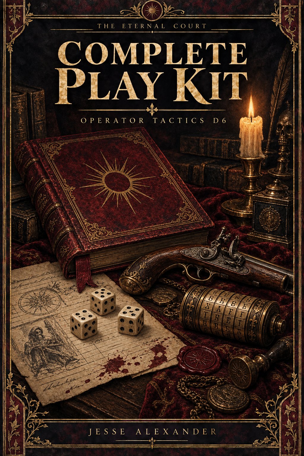Illustrated COMPLETE PLAY KIT cover in crimson and antique gold: A richly lit indoor gaming-table still life: a closed crimson setting book, a parchment operator record, exactly three ivory SIX-SIDED dice with ordinary pips, flintlock pistol and brass cipher wheel.