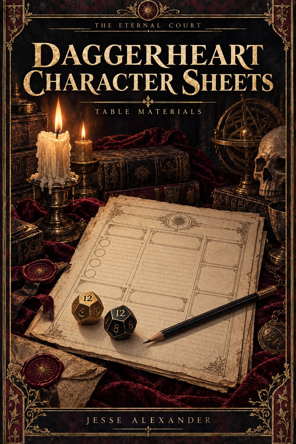Illustrated DAGGERHEART CHARACTER SHEETS cover in crimson and antique gold: A blank ruled character dossier and pencil beside two contrasting twelve-sided dice, one gold one black, in a candlelit still life on dark velvet.