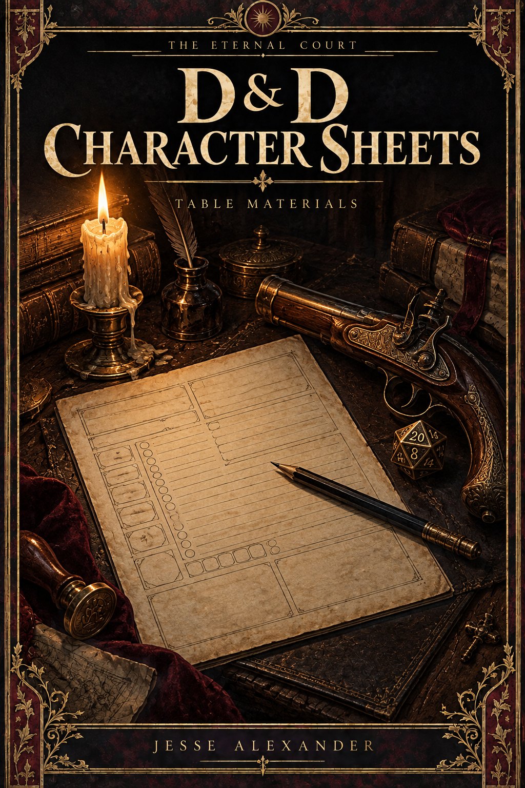 Illustrated D&D CHARACTER SHEETS cover in crimson and antique gold: A blank ruled character dossier, pencil, flintlock pistol and a single twenty-sided gaming die on dark leather, lit by candle.