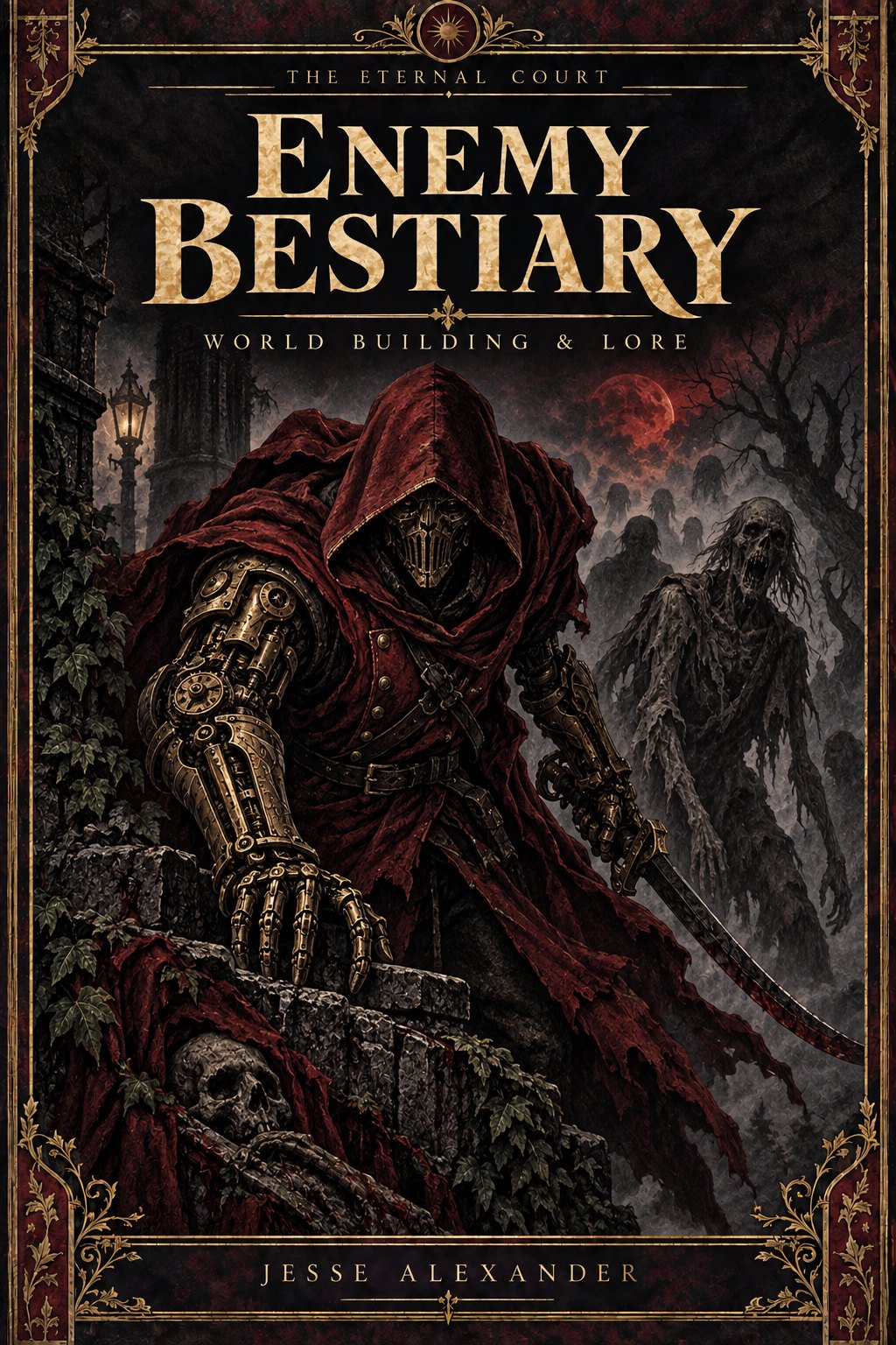 Illustrated ENEMY BESTIARY cover in crimson and antique gold: A menacing hooded automatic assassin with exposed clockwork joints and piston fingers, a Red Guard crimson surcoat and sabre in shadow behind, and a shambling undead silhouette.