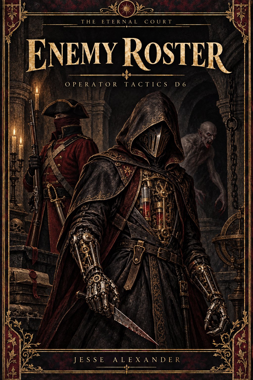 Illustrated ENEMY ROSTER cover in crimson and antique gold: A hooded automatic assassin, mechanical hands with pistons and gears visible under translucent chest panels, in a dim vault.