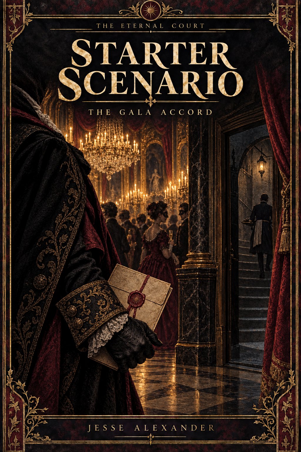 Illustrated STARTER SCENARIO cover in crimson and antique gold: An anonymous gloved diplomat holding a sealed dossier at the edge of a candlelit consular gala, with a servant stair doorway beyond.