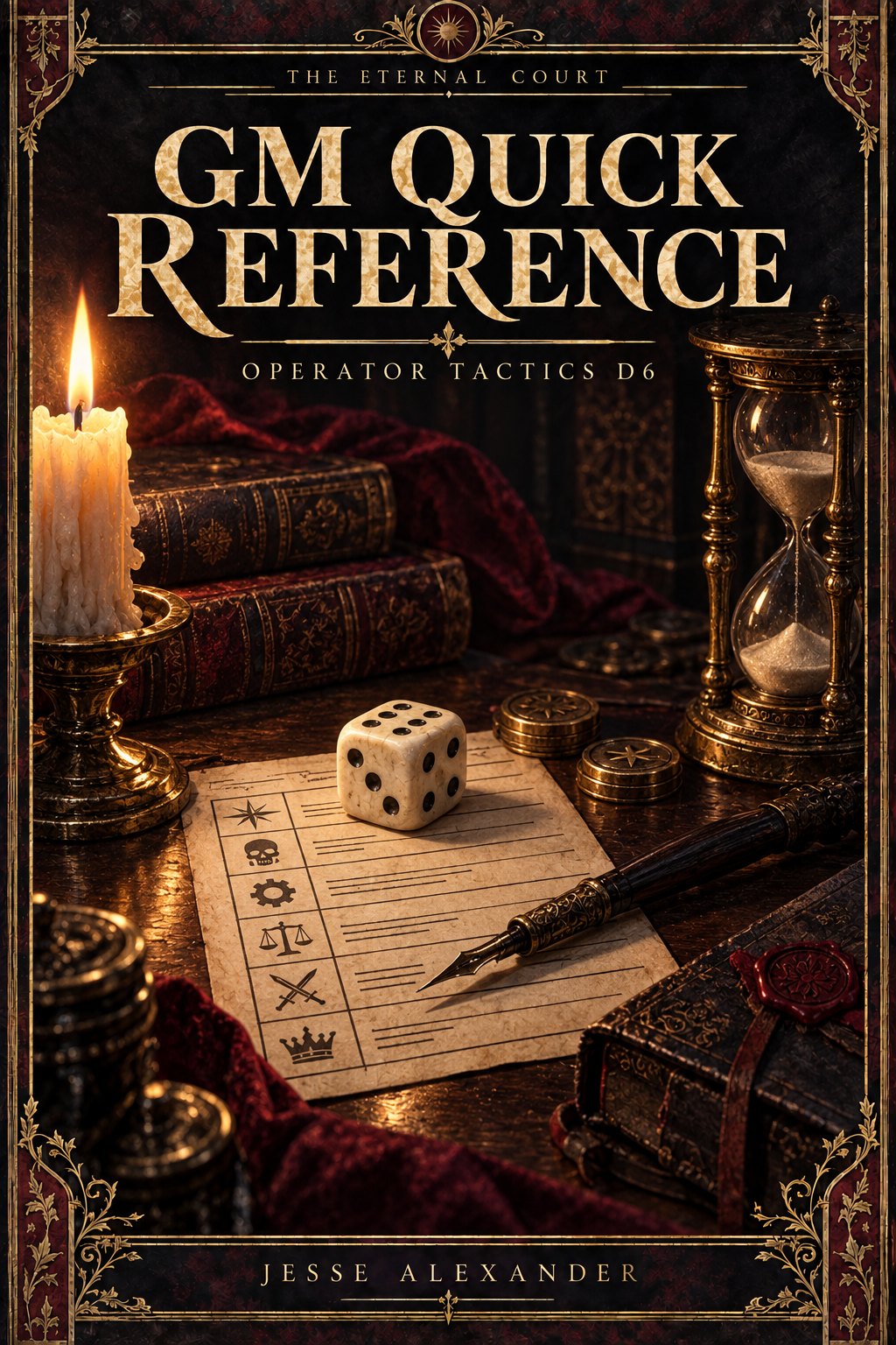 Illustrated GM QUICK REFERENCE cover in crimson and antique gold: Indoor desk close-up: exactly one ivory SIX-SIDED die with pips, a neatly ruled reference card, dip pen, brass counting markers and an hourglass.