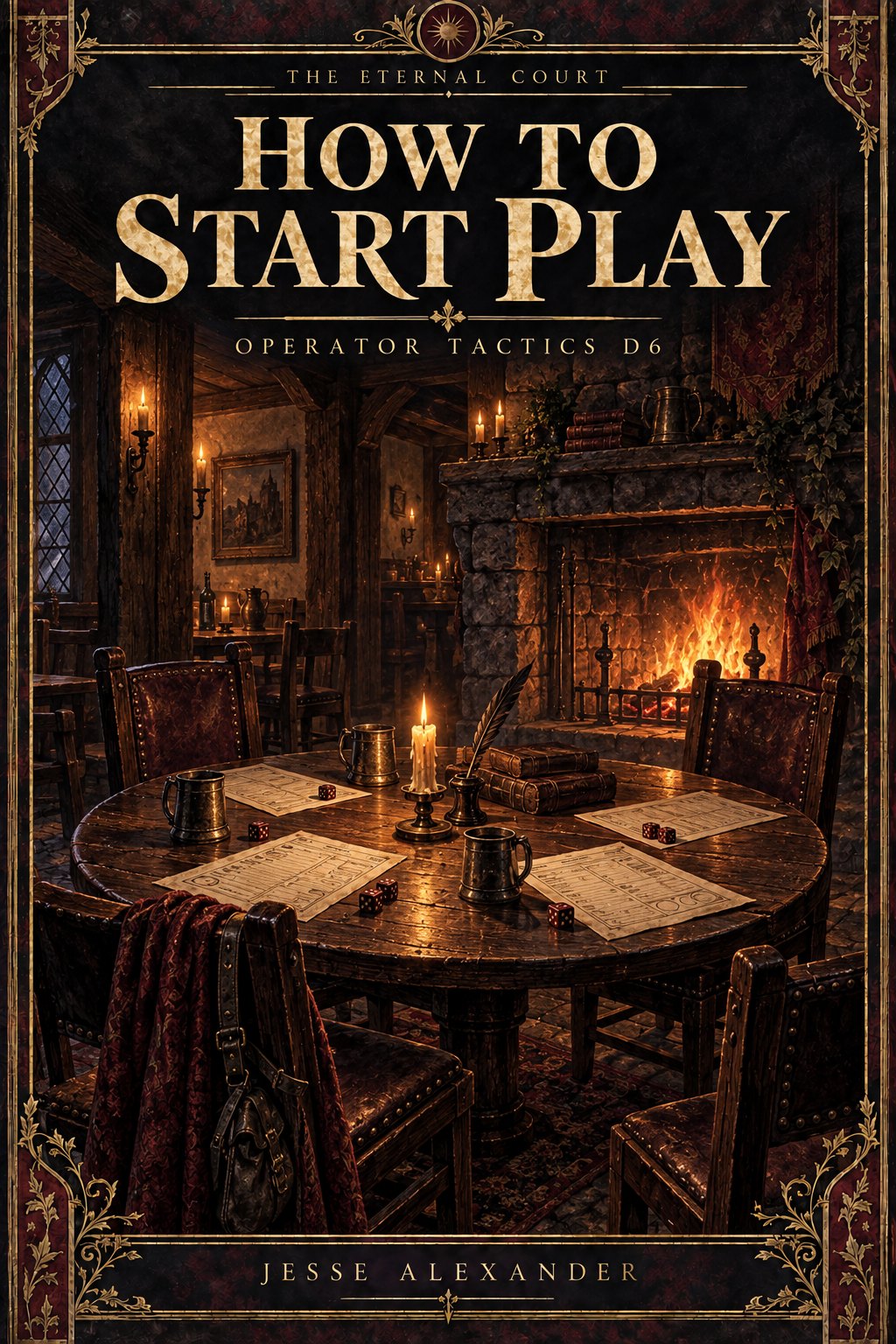 Illustrated HOW TO START PLAY cover in crimson and antique gold: Inside an old warm mountain-city inn, a round table set with parchment squad sheets, four chairs and four small six-sided dice, a hearth glowing behind.