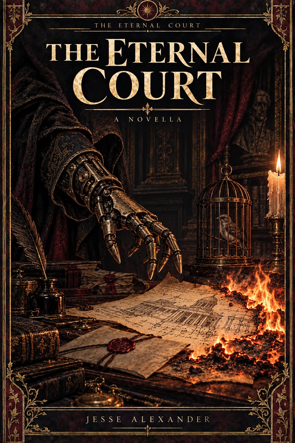 Illustrated THE ETERNAL COURT cover in crimson and antique gold: A hooded brass automatic assassin's piston-fingered hand reaching toward burning architectural plans in a consular office, a small messenger bird cage nearby.