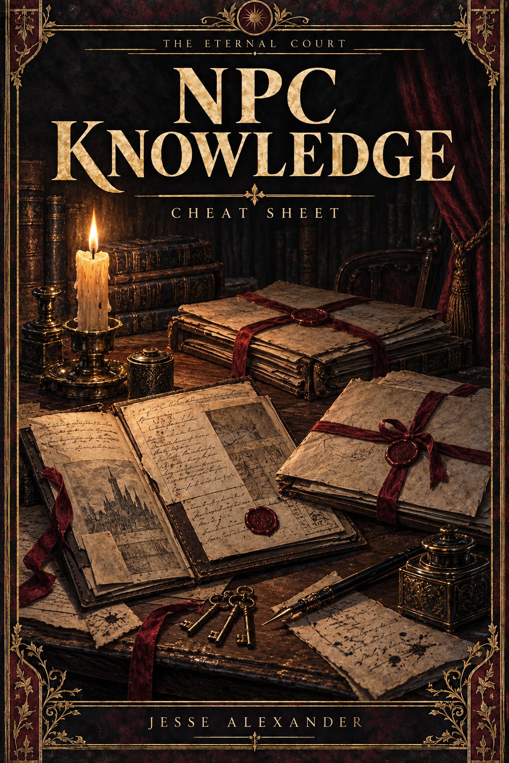 Illustrated NPC KNOWLEDGE cover in crimson and antique gold: Four folded information dossiers, some opened and some tied shut with crimson ribbon, dip pen and small keys on a candlelit writing desk, symbolic of what NPCs know, reveal and conceal.