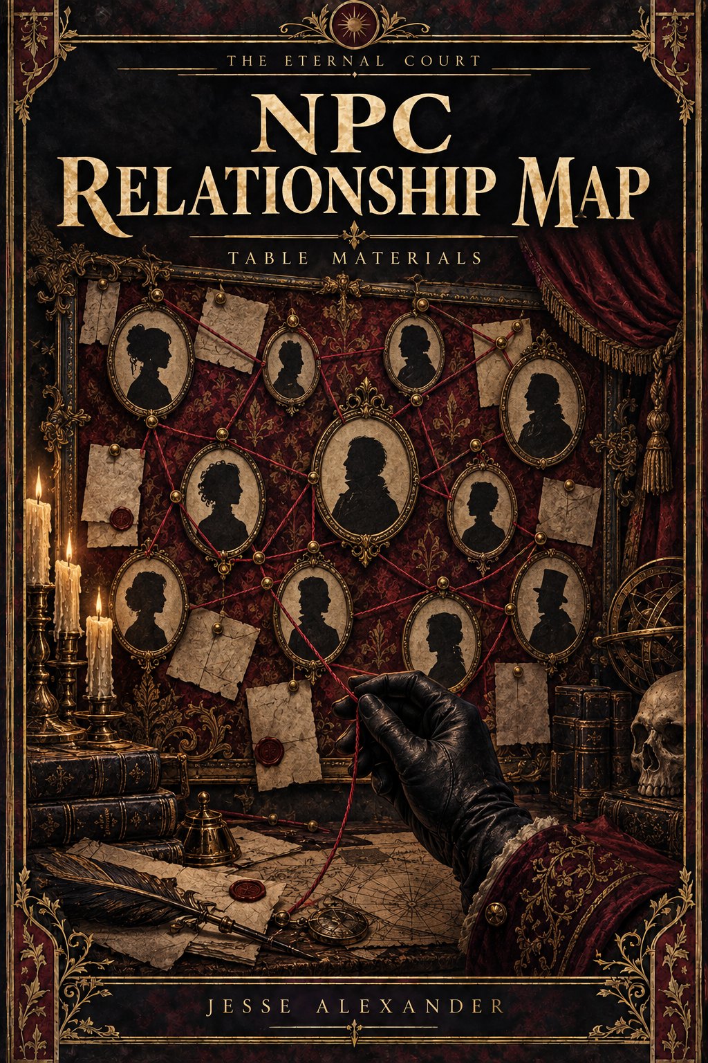 Illustrated NPC RELATIONSHIP MAP cover in crimson and antique gold: An ornate pinboard of blank oval miniature silhouette cameos linked by crimson thread, foreground anonymous gloved hand holding one loose thread.