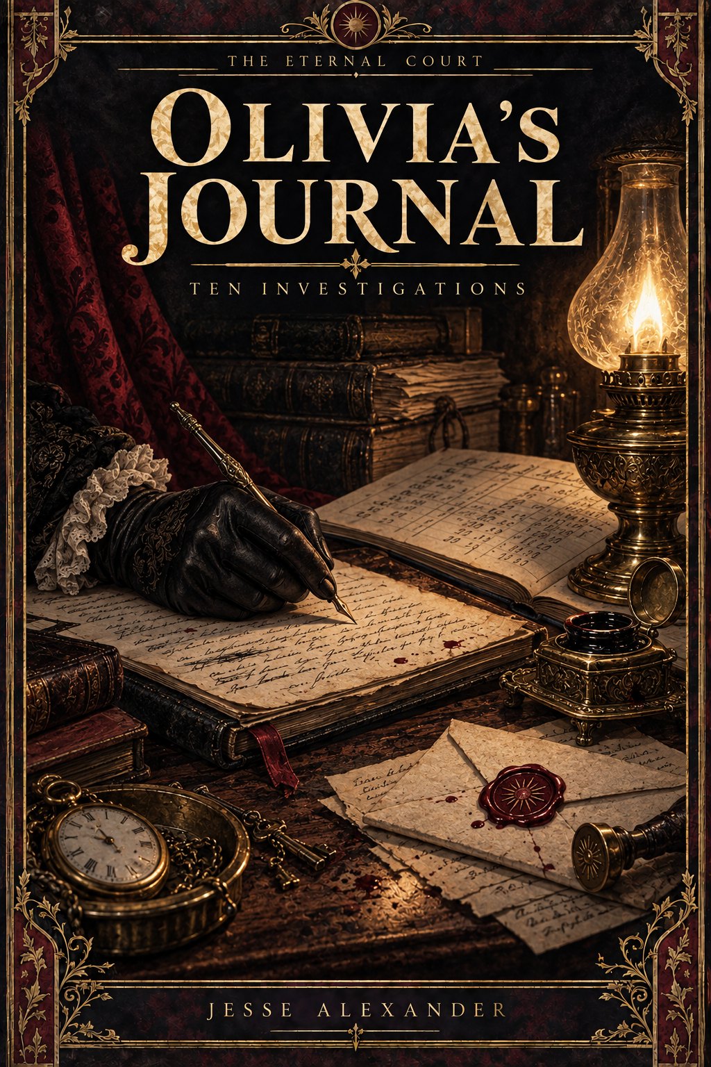 Illustrated OLIVIA'S JOURNAL cover in crimson and antique gold: Close-up of a woman's gloved hand writing case notes beside an accounts ledger, a dip pen, a wax-sealed letter and a brass lamp.