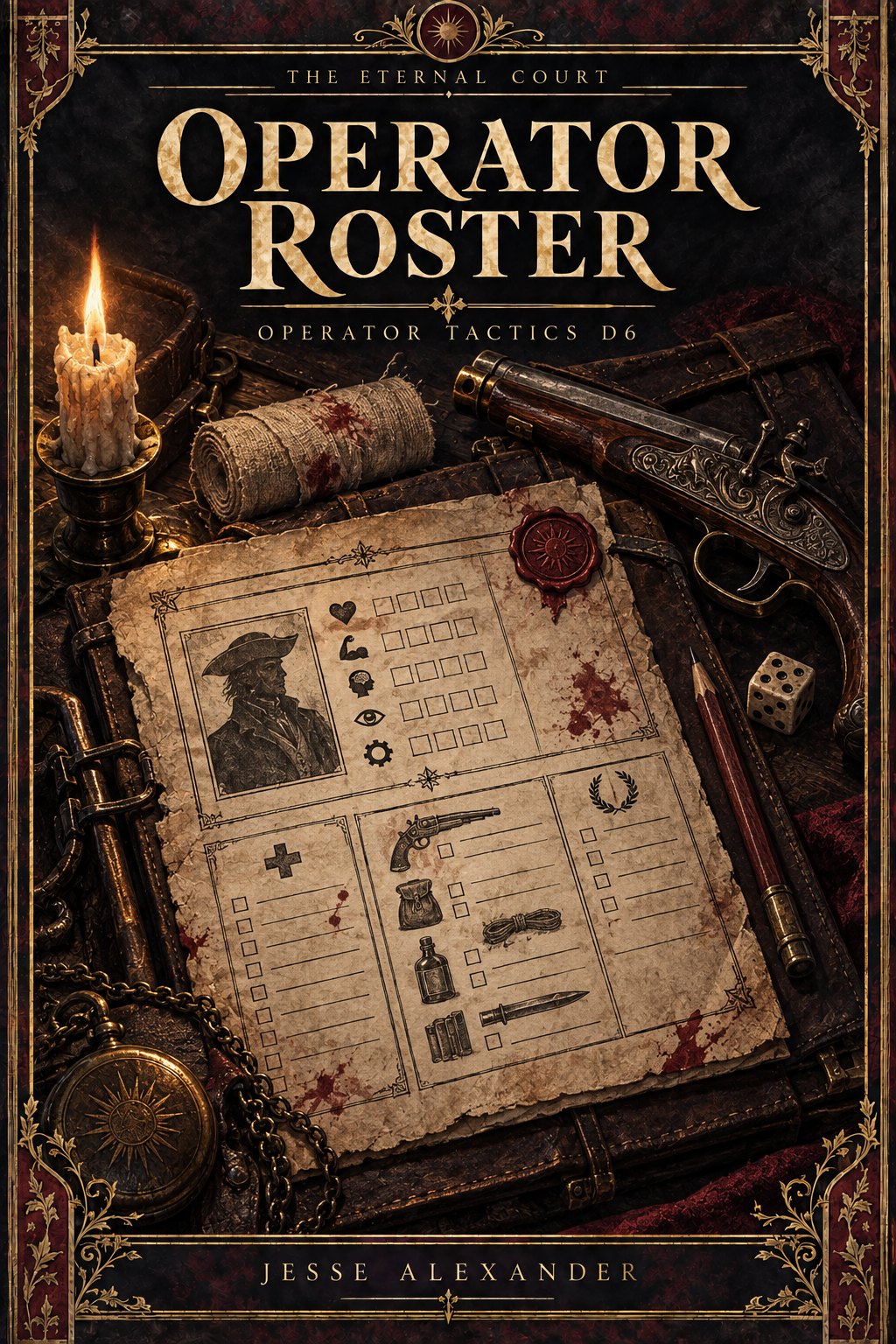 Illustrated OPERATOR ROSTER cover in crimson and antique gold: Close-up of an operator record dossier laid on a leather field kit beside a pencil, bandage roll, small flintlock pistol and a six-sided pip die, representing tracked attributes, wounds, gear and allegiance.
