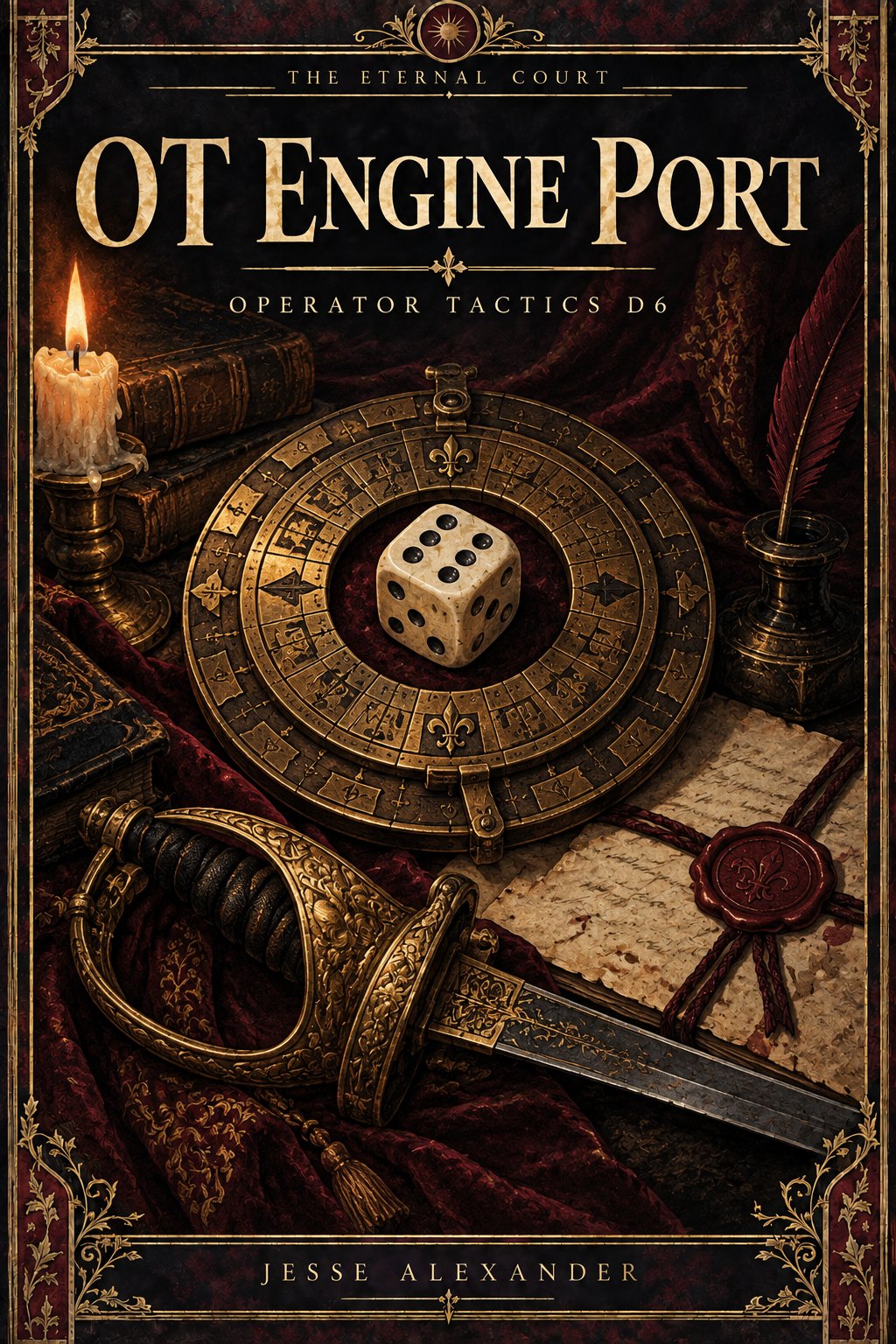 Illustrated OT ENGINE PORT cover in crimson and antique gold: A still life of a single ivory six-sided pip die centered inside a brass cipher-wheel arrangement, a sabre hilt and ruled parchment below, symbolic of D6 mechanics translated into a gaslamp setting.