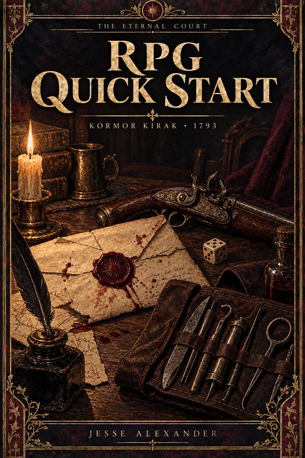 Illustrated RPG QUICK START cover in crimson and antique gold: A worn sealed invitation, suspect wax seal, one six-sided die, compact flintlock pistol and physician's instrument roll on a dark inn table.