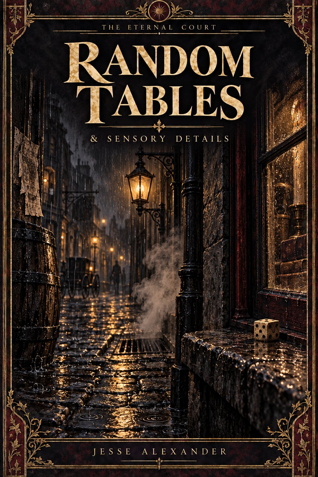 Illustrated RANDOM TABLES cover in crimson and antique gold: Street-level tight vignette of rain on old cobblestones, sickly gas-lamp light, a steam vent and a small six-sided die on a windowsill.
