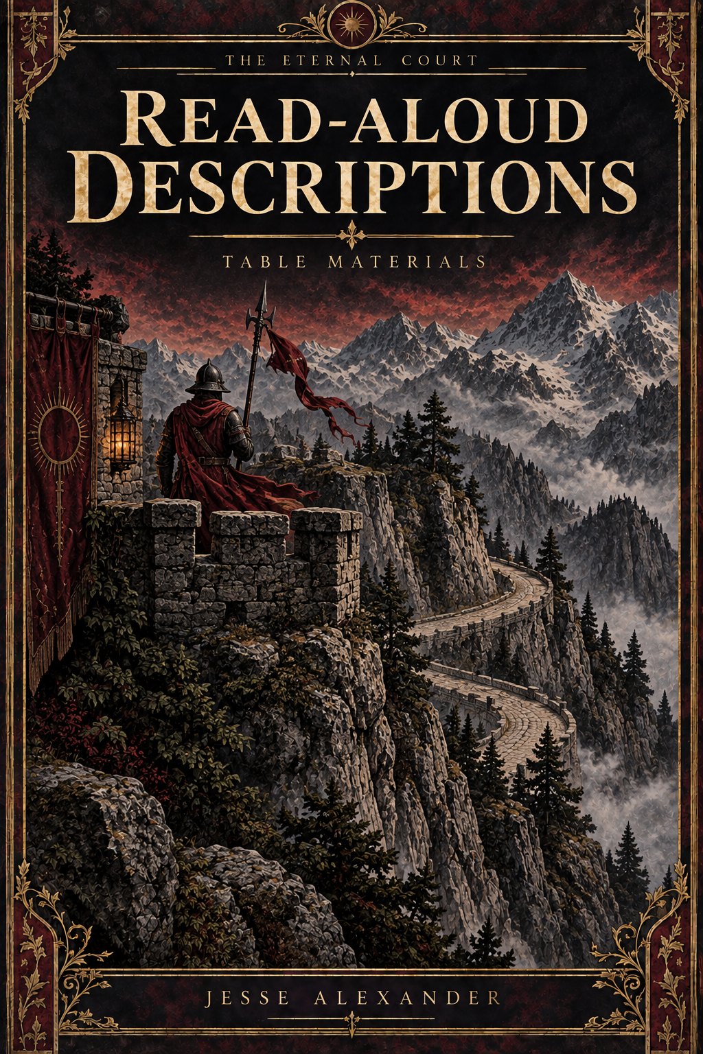 Illustrated READ-ALOUD DESCRIPTIONS cover in crimson and antique gold: View close along pale-stone cliff-road switchback: a single anonymous Red Guard at a stone watch position, crimson surcoat, wind and mountain pine beyond.