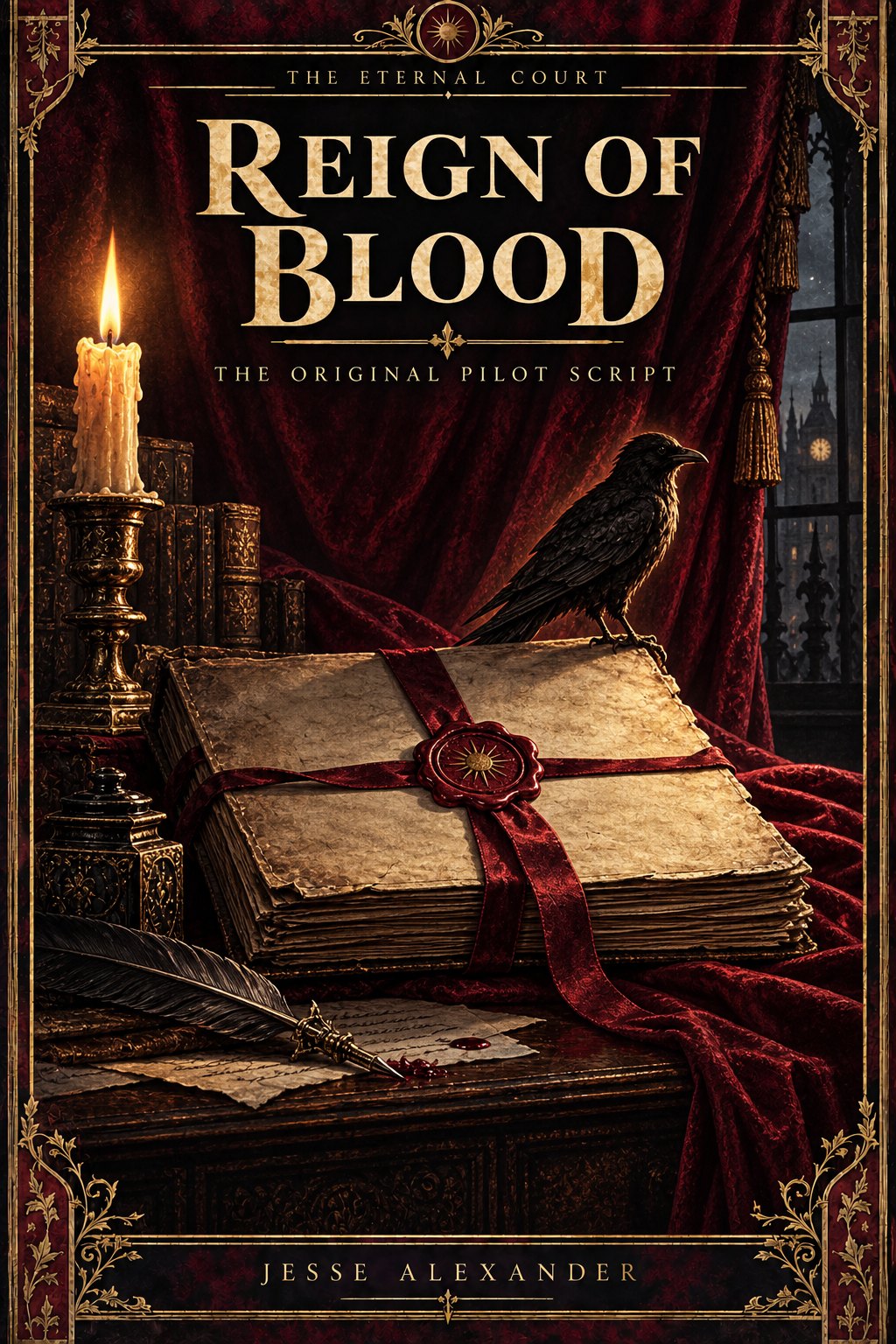Illustrated REIGN OF BLOOD cover in crimson and antique gold: A theatrical presentation of a closed screenplay manuscript and a messenger bird silhouette on the edge of its pages, firelight falling across dark red velvet curtain.