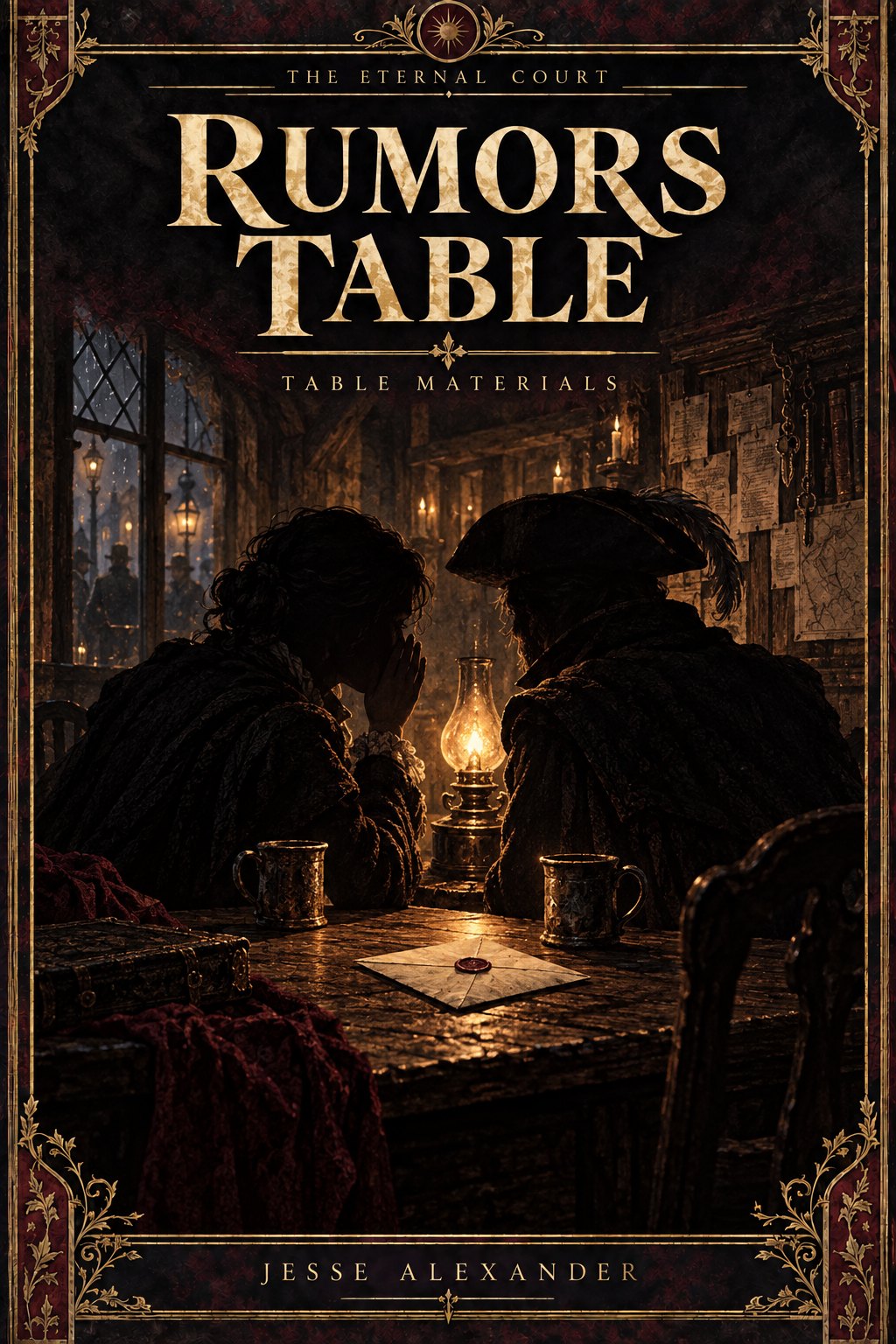 Illustrated RUMORS TABLE cover in crimson and antique gold: Two anonymous silhouettes whispering across a worn inn table over cups in low lamplight, faces obscured, an unopened letter between them.