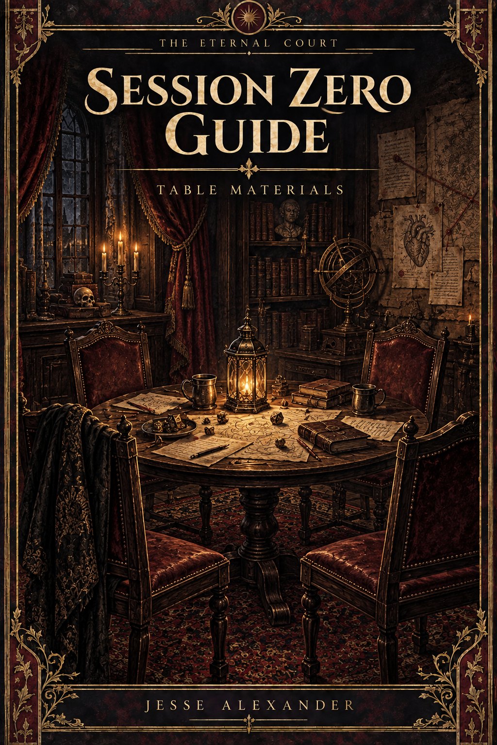 Illustrated SESSION ZERO GUIDE cover in crimson and antique gold: A welcoming yet somber circle of four empty chairs around a wooden gaming table, shared parchment, pencils, dice and a central lantern.
