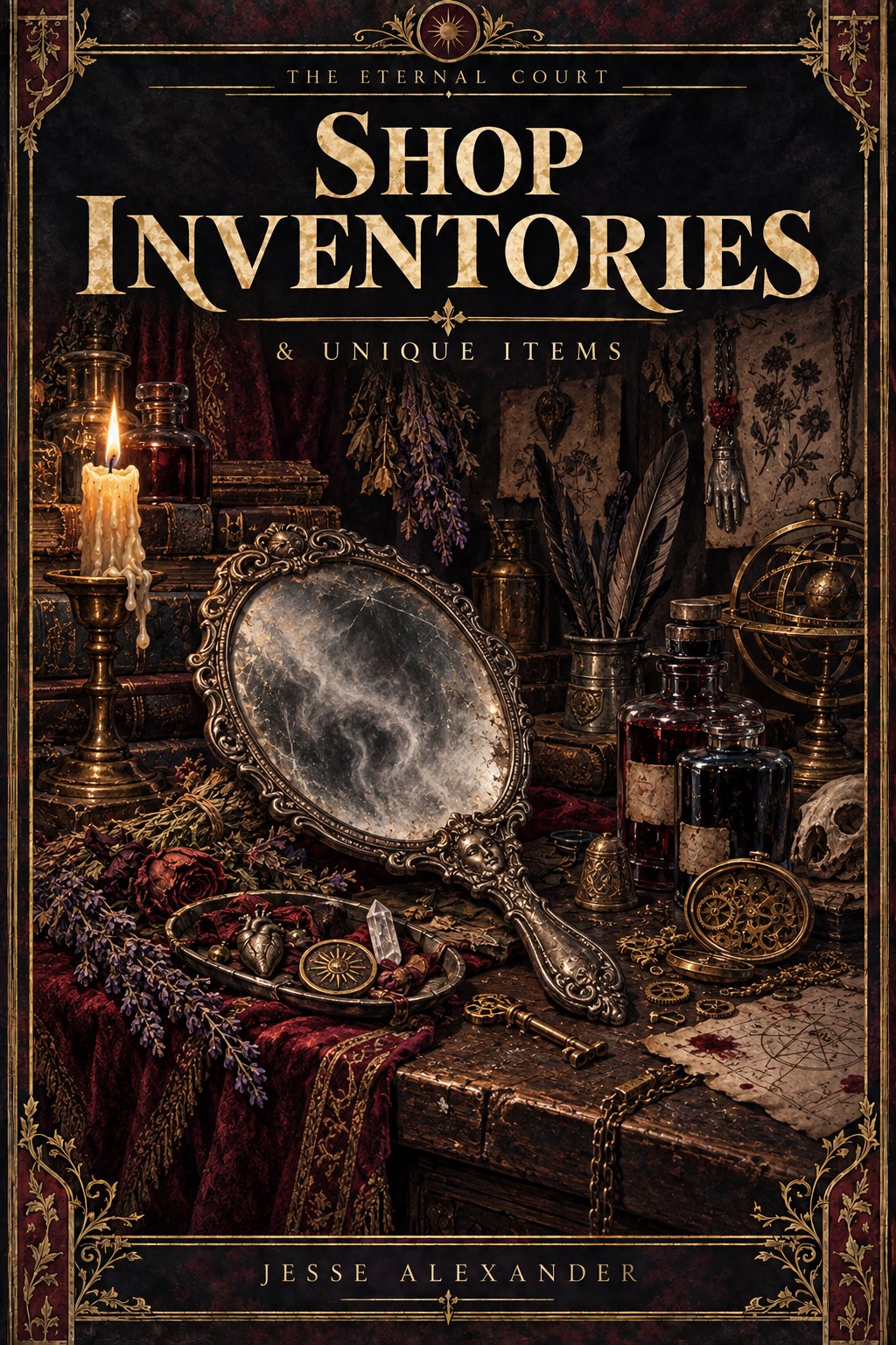 Illustrated SHOP INVENTORIES cover in crimson and antique gold: Still life from a curiosity shop: tarnished-silver hand mirror with unnaturally cloudy glass, inks, protective charms, dried herbs and small brass mechanisms on an oaken counter.