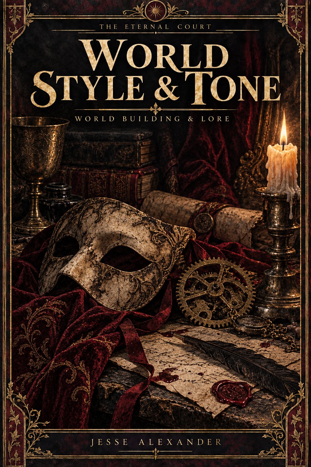 Illustrated WORLD STYLE & TONE cover in crimson and antique gold: A worn bone masquerade mask beside a brass clockwork gear, crimson velvet, candle and soot-stained parchment.
