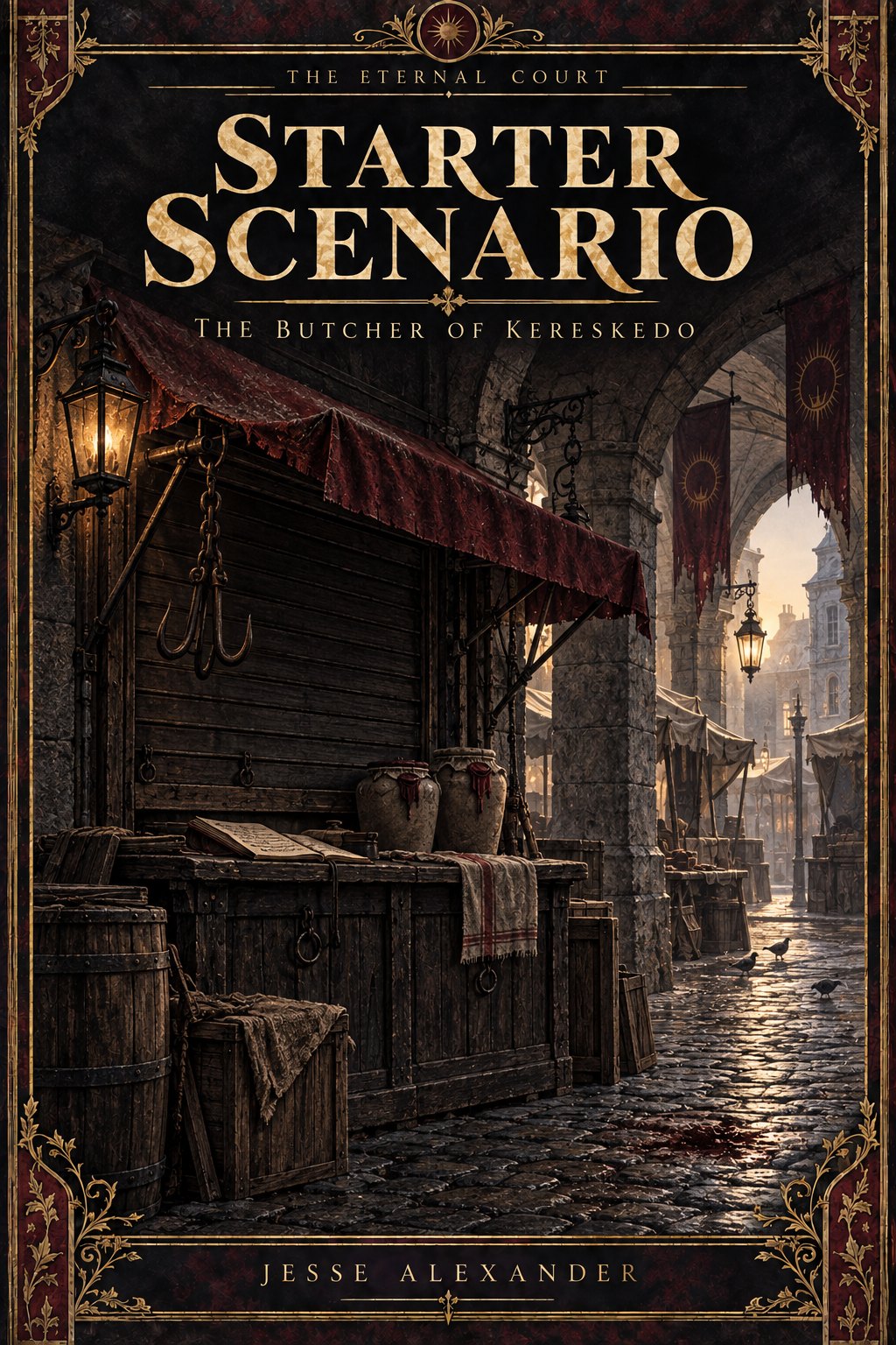 Illustrated STARTER SCENARIO cover in crimson and antique gold: A shuttered preserved-meat stall under a stone market arcade at first light, a delivery ledger and sealed clay jars on its counter, one small dark stain on cobblestones.
