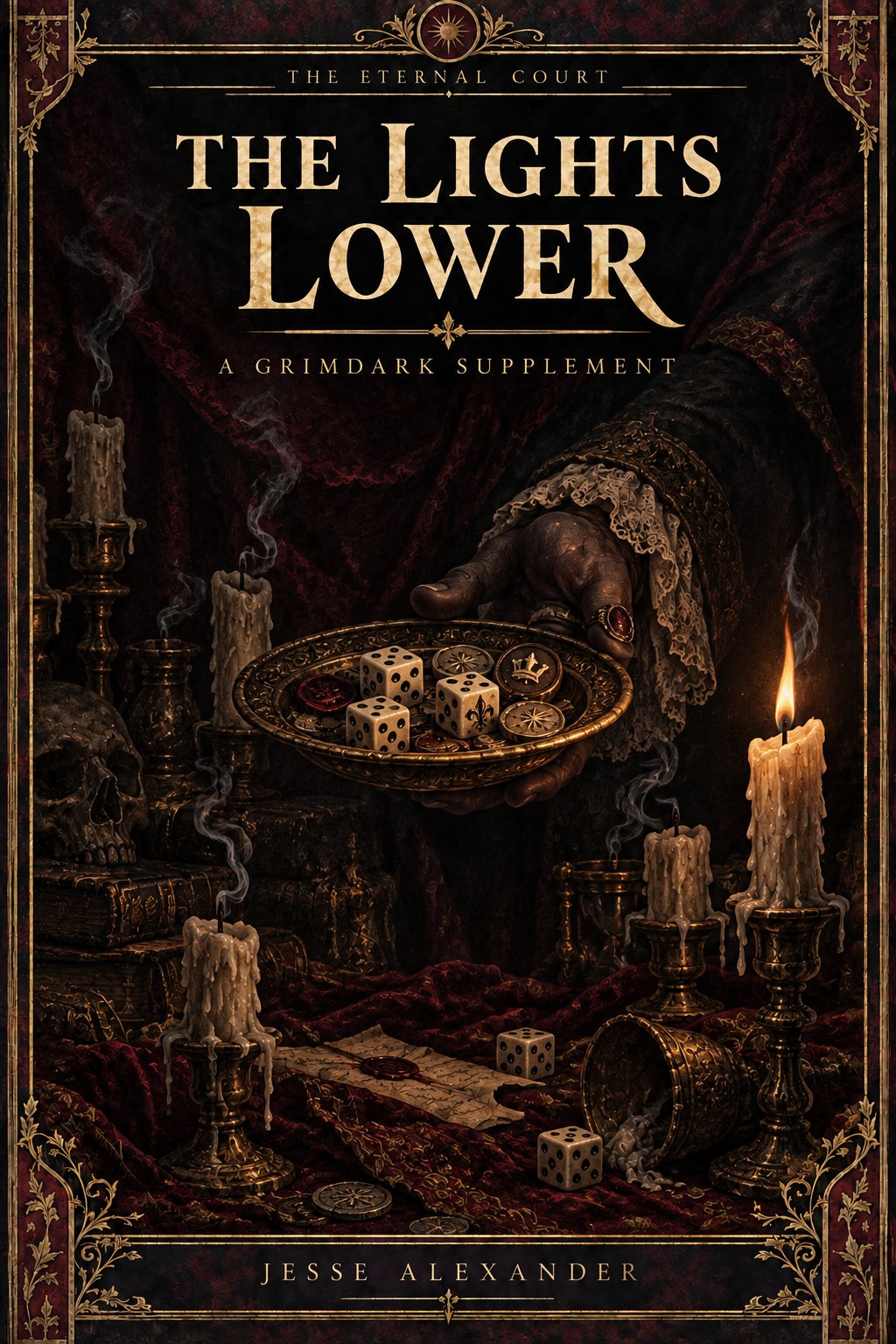 Illustrated THE LIGHTS LOWER cover in crimson and antique gold: A beckoning shadowed hand holding an offering dish containing small ivory gaming dice and tokens while surrounding festival candles gutter, one flame remaining.