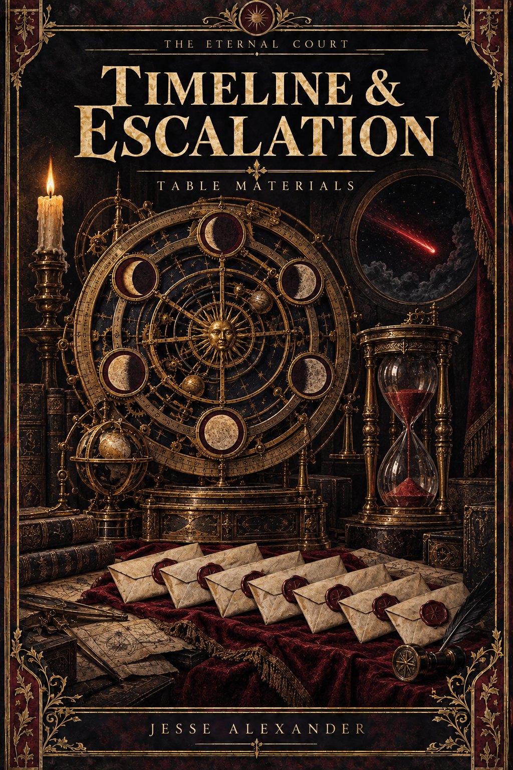 Illustrated TIMELINE & ESCALATION cover in crimson and antique gold: An elaborate astronomical clockwork instrument beside an hourglass and six sealed folded dispatches, crimson comet visible through a small round opening into otherwise empty night.